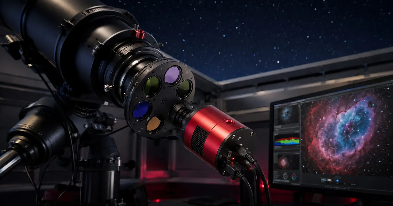 Setup d’astrophotographie avec télescope, caméra monochrome, roue à filtres LRGB-SHO et nébuleuse affichée sur un écran.