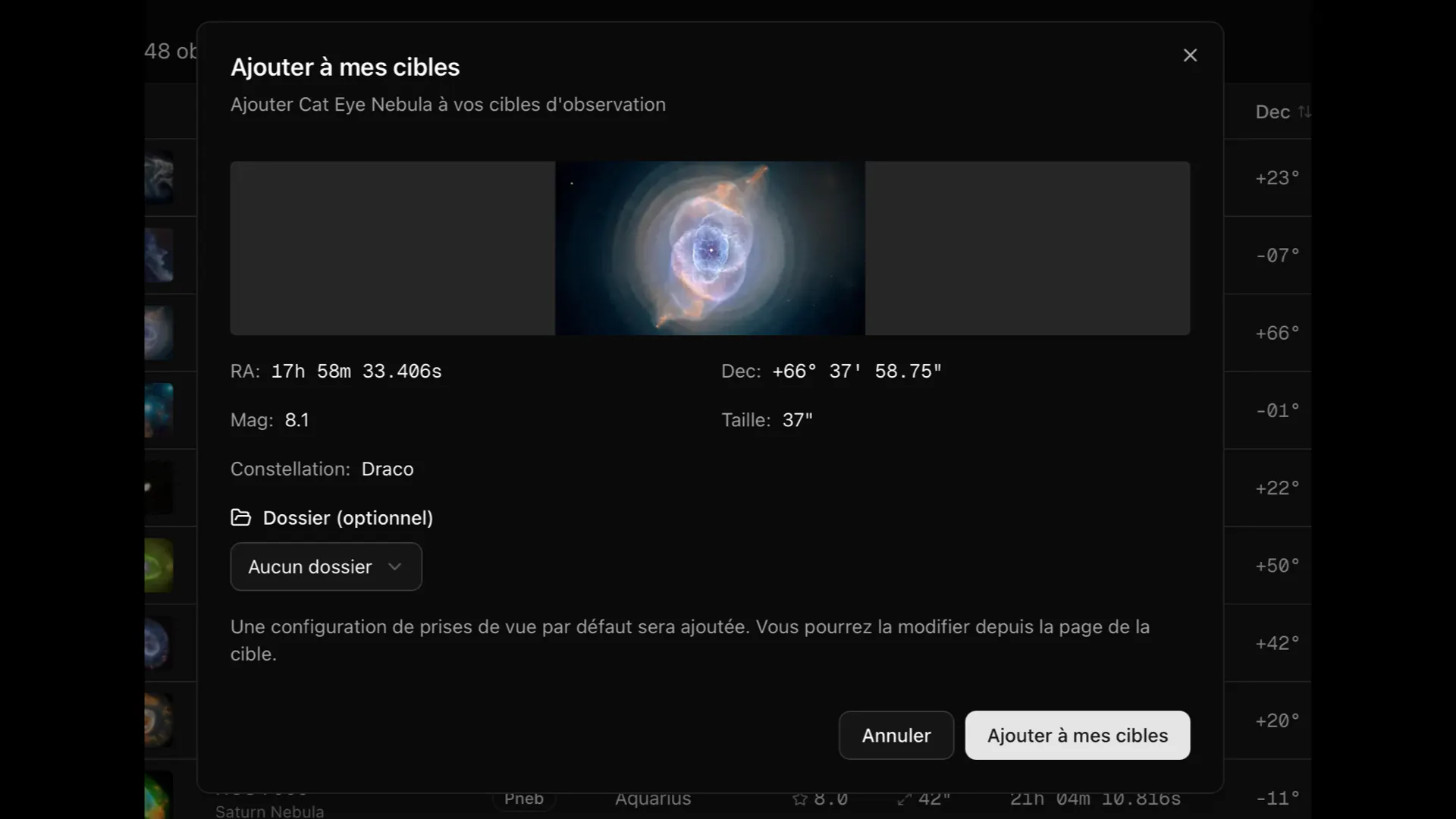Fenêtre complète « Ajouter à mes cibles » pour NGC 6543 dans Stellar Observatory.