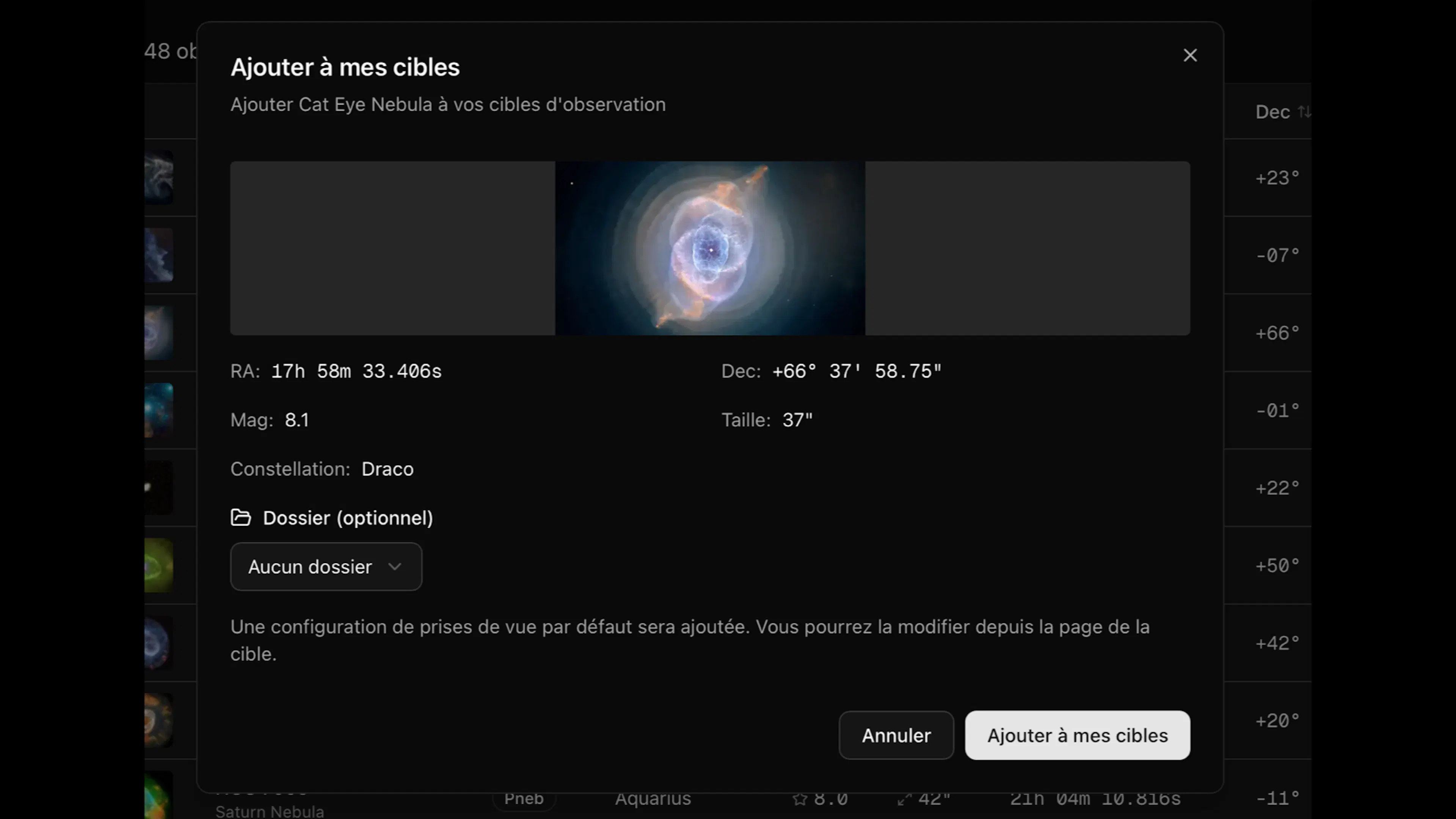 Fenêtre complète « Ajouter à mes cibles » pour NGC 6543 dans Stellar Observatory.
