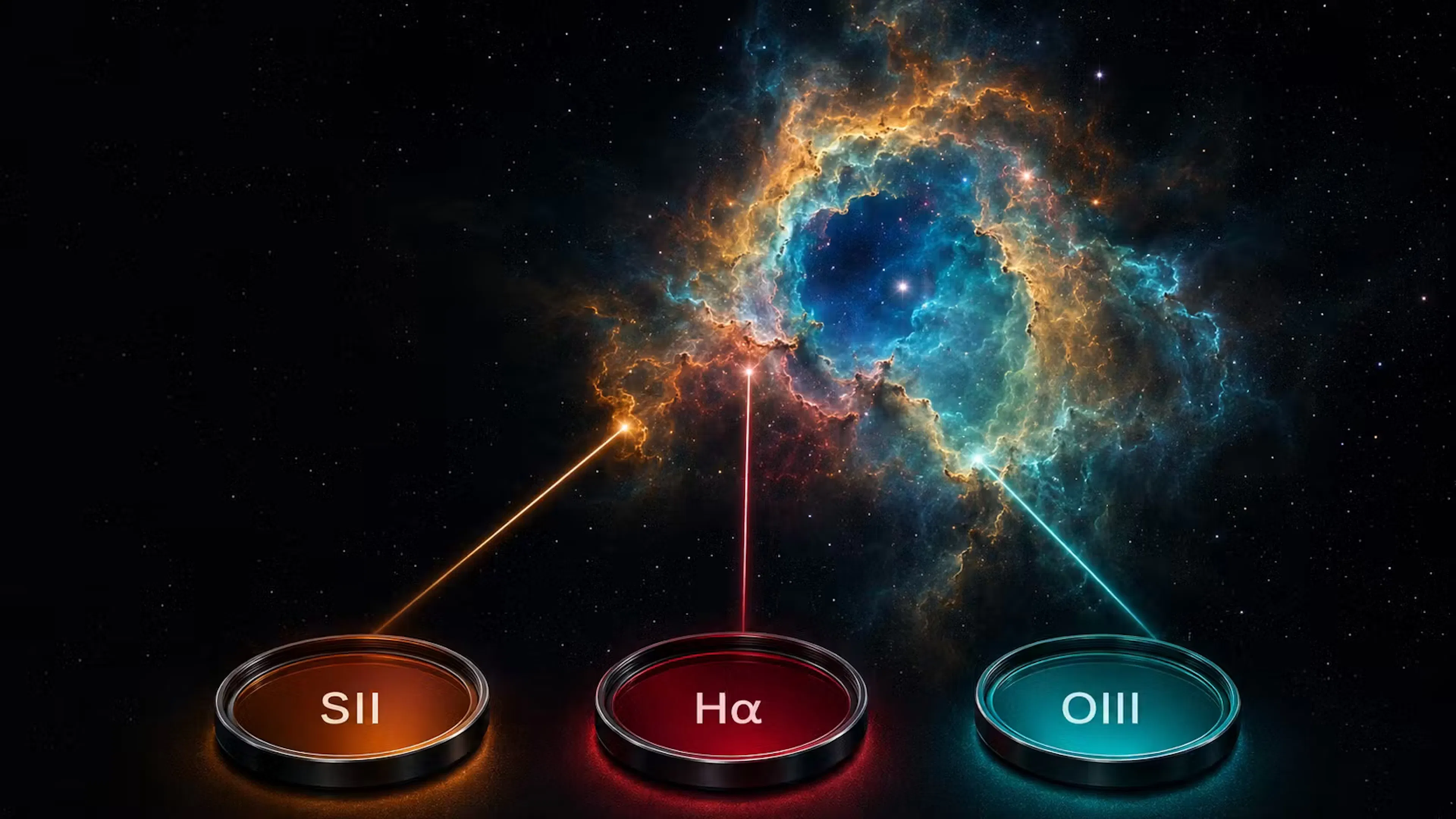 Illustration des filtres SHO SII, H-alpha et OIII appliqués à une nébuleuse en astrophotographie.