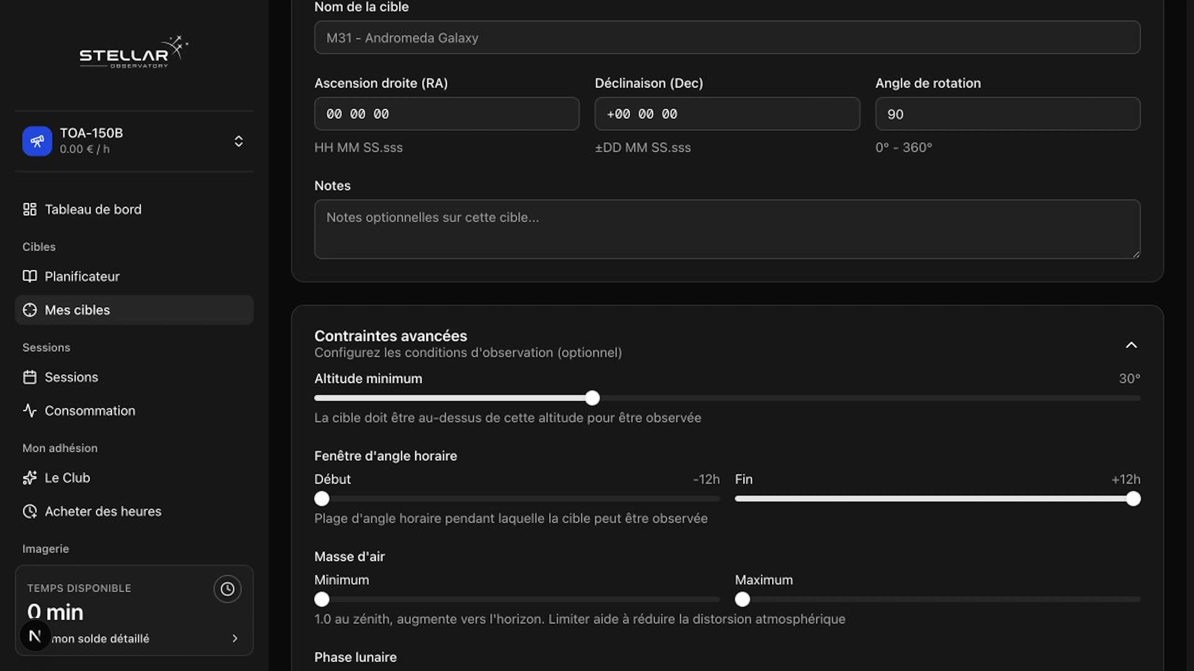 Partie supérieure des contraintes avancées en thème sombre, sans information de compte.