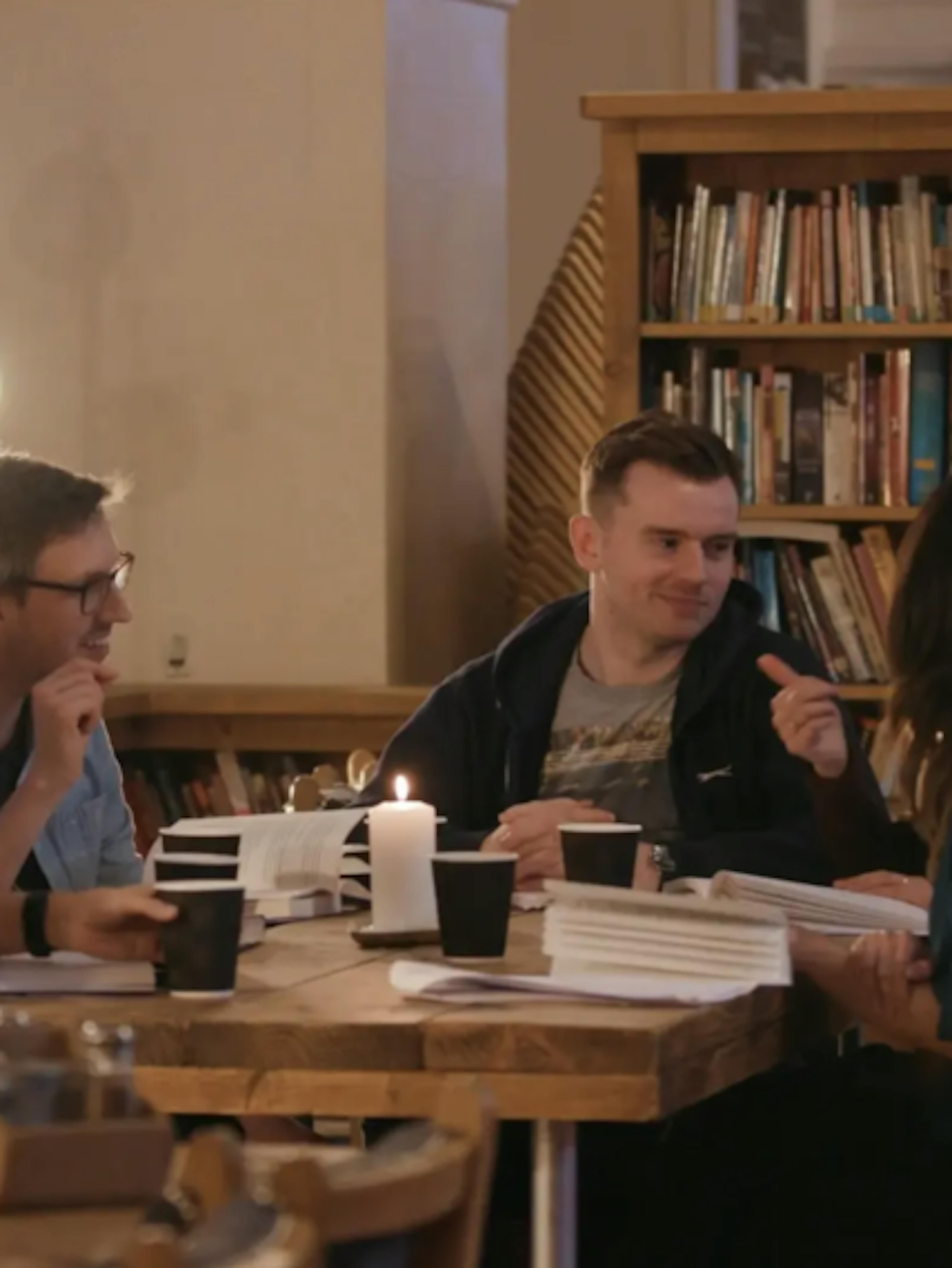 Group talking in library