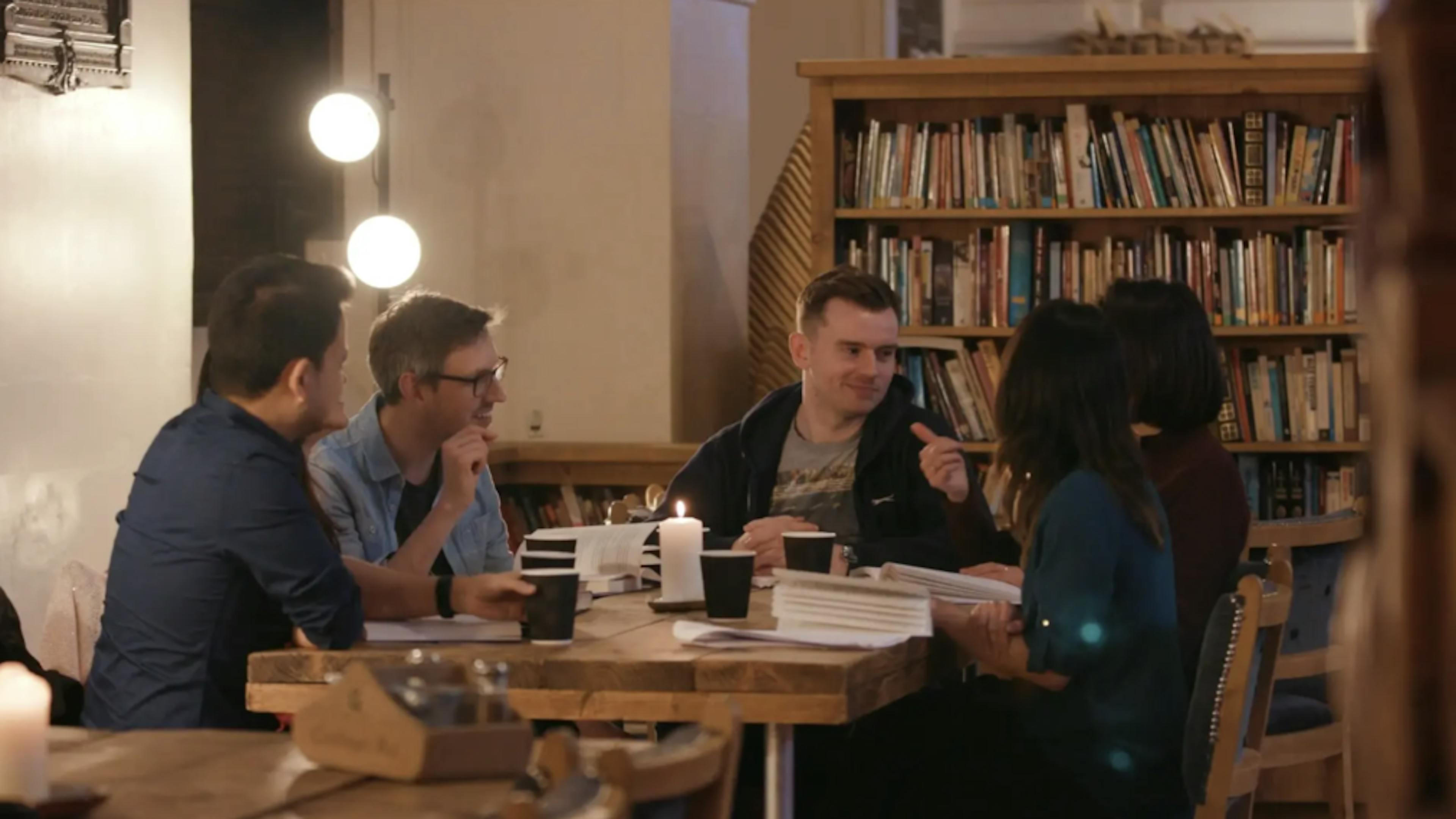 Group talking in library