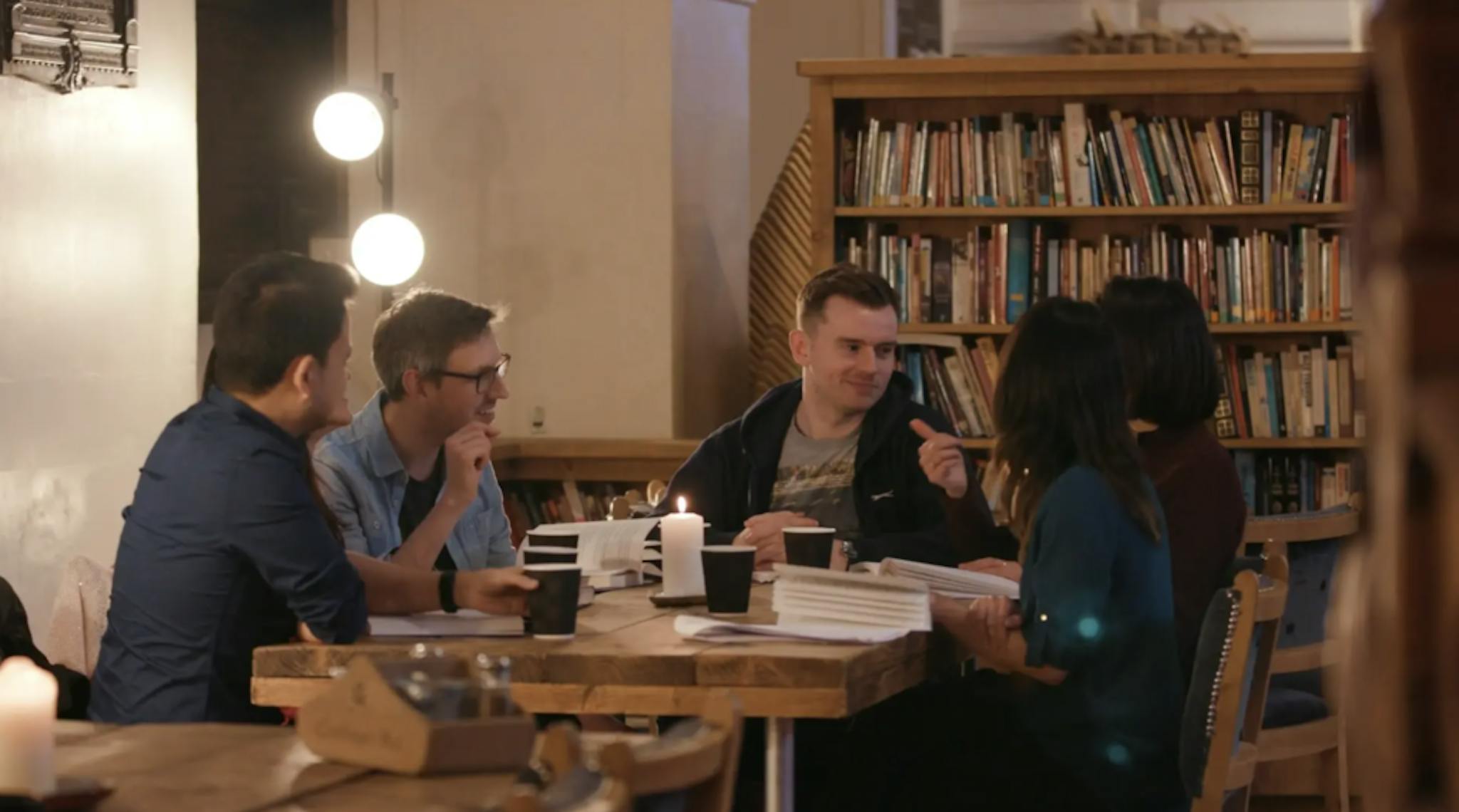 Group talking in library