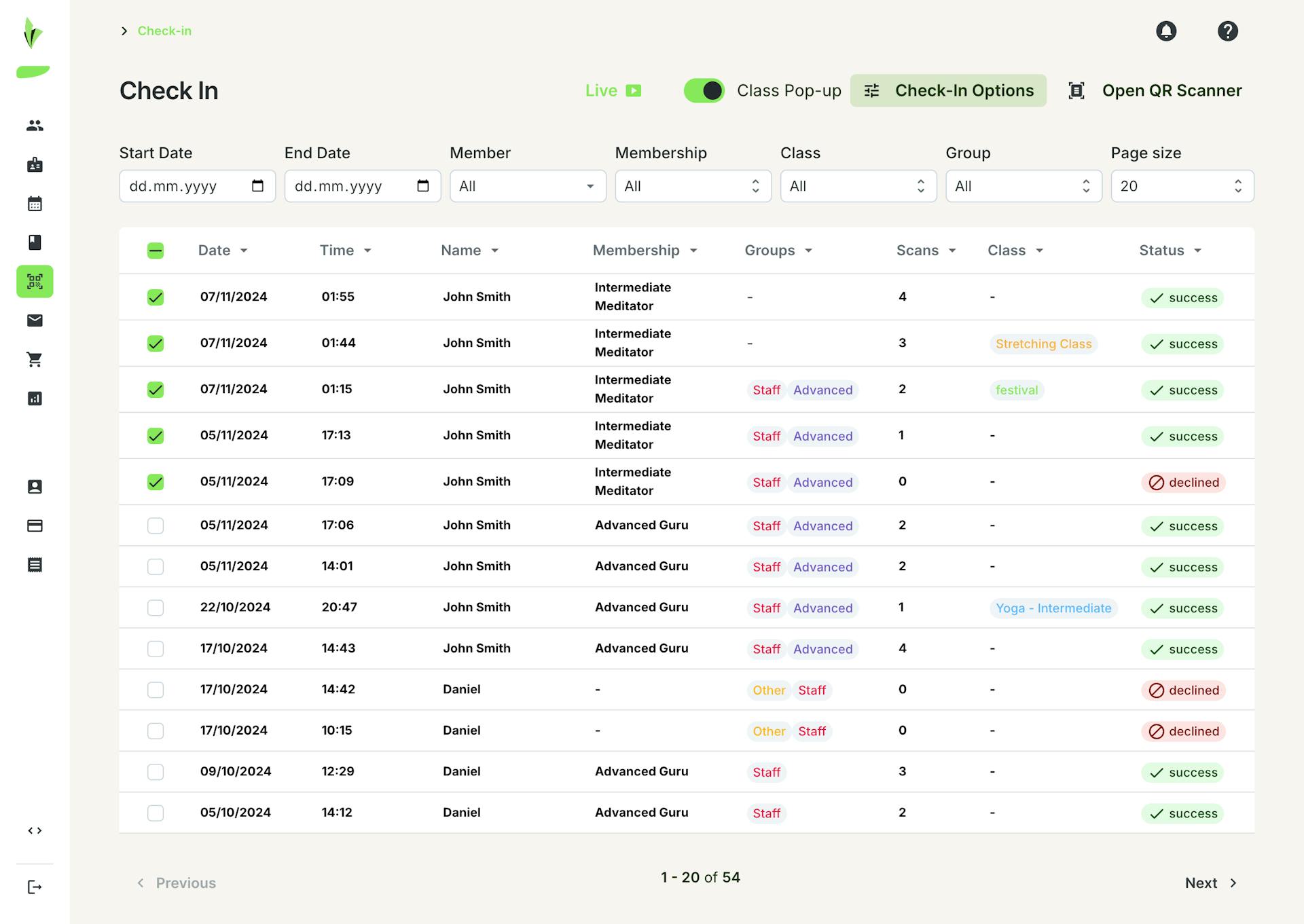 attendance list platform screen