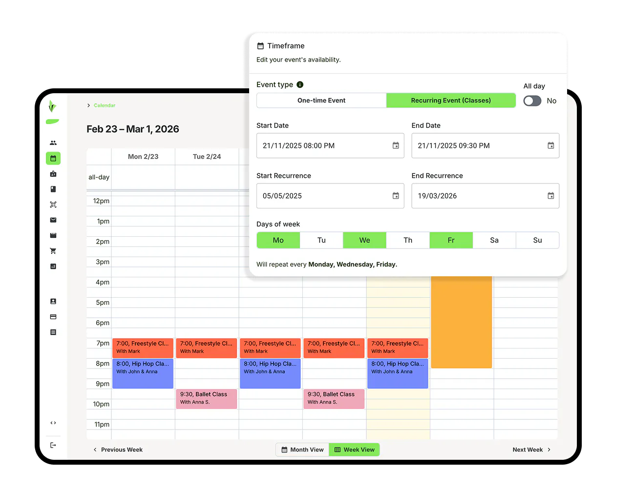 dashboard calendar customize options