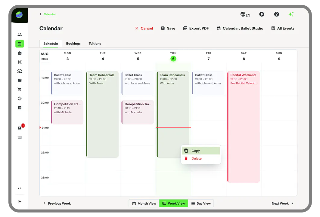 Calendar class scheduling