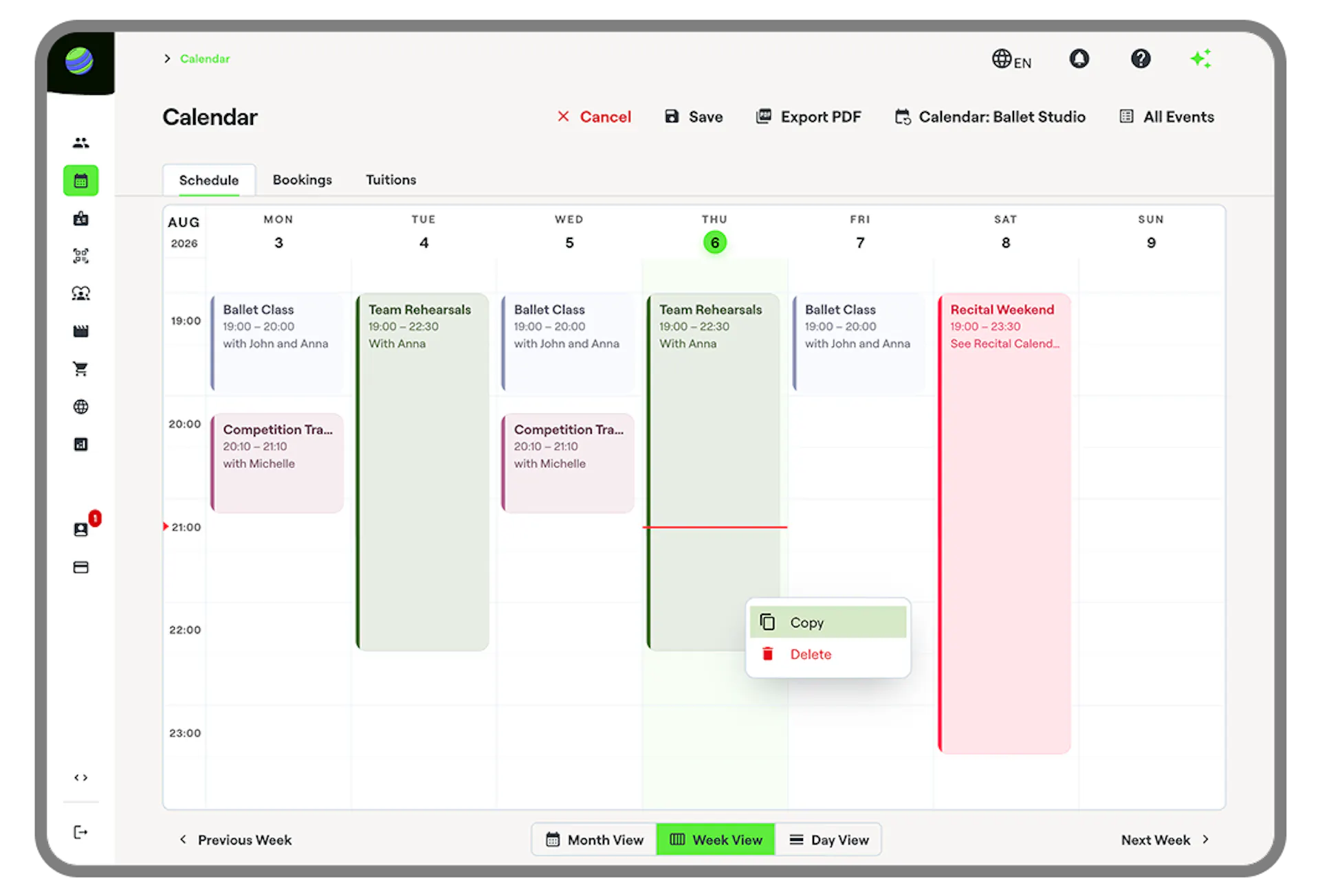 Calendar class scheduling