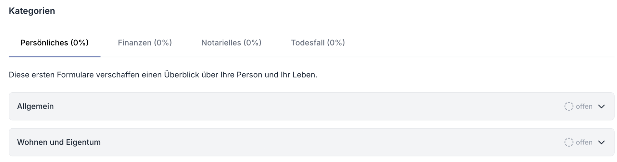 Screenshot: Übersicht der Kategorieren der Vorsorgemappe