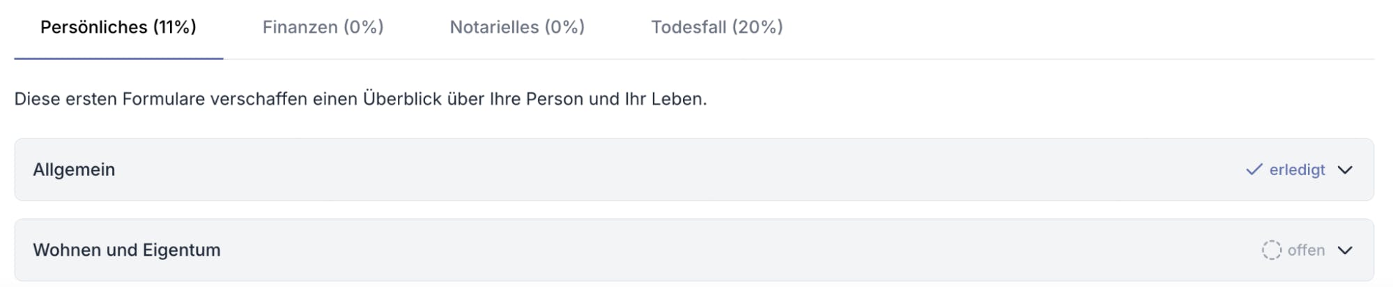 Screenshot: Fortschritt der Kategorien