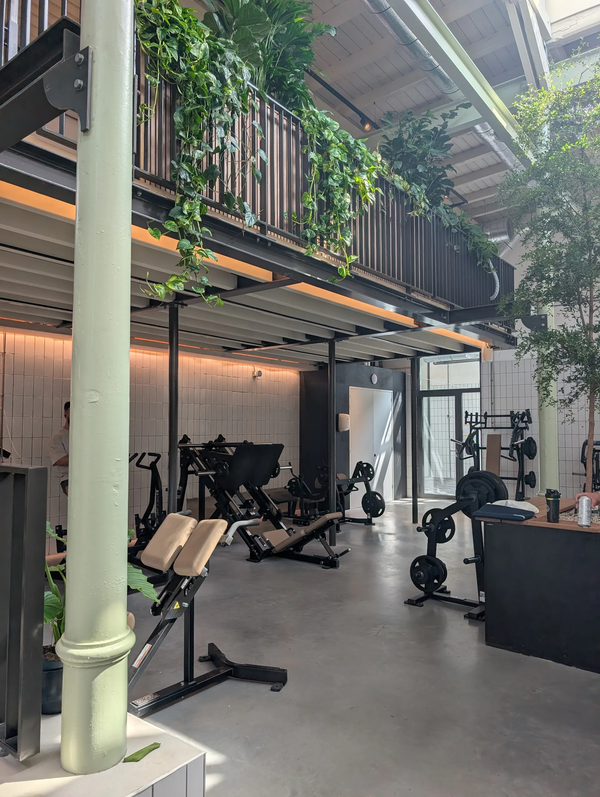 Fitnessapparatuur onder entresol met hangplanten en spiegelwand