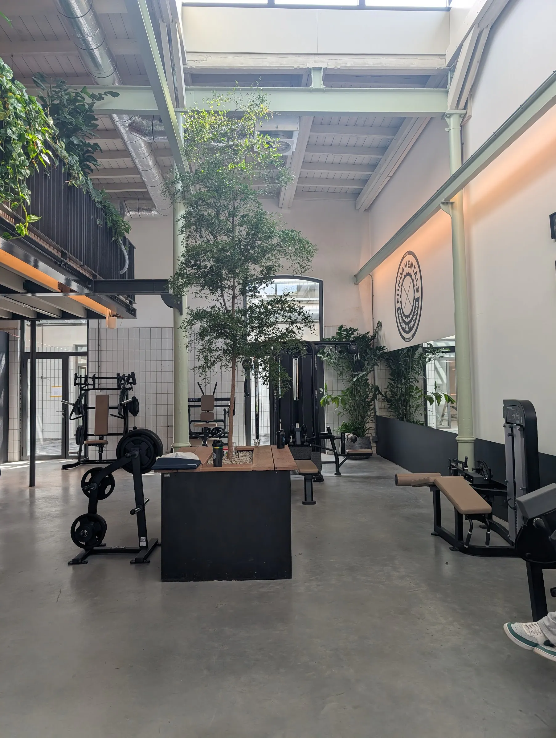 Open trainingsruimte met centrale boom en Fundamentals-logo