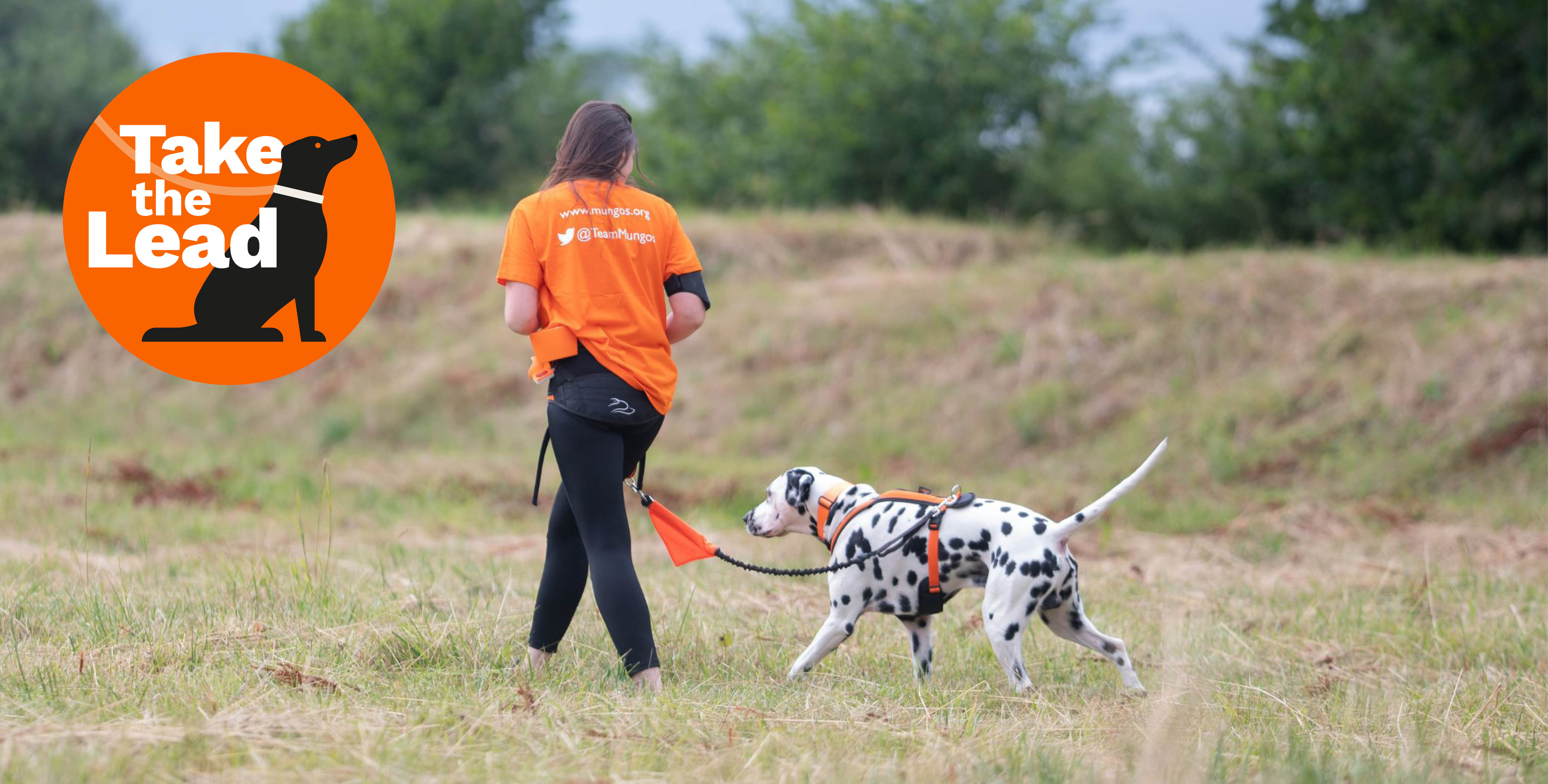 Person in orange St Mungo’s T-shirt walking a Dalmatian on a lead in a grassy field, with ‘Take the Lead’ logo in the corner.