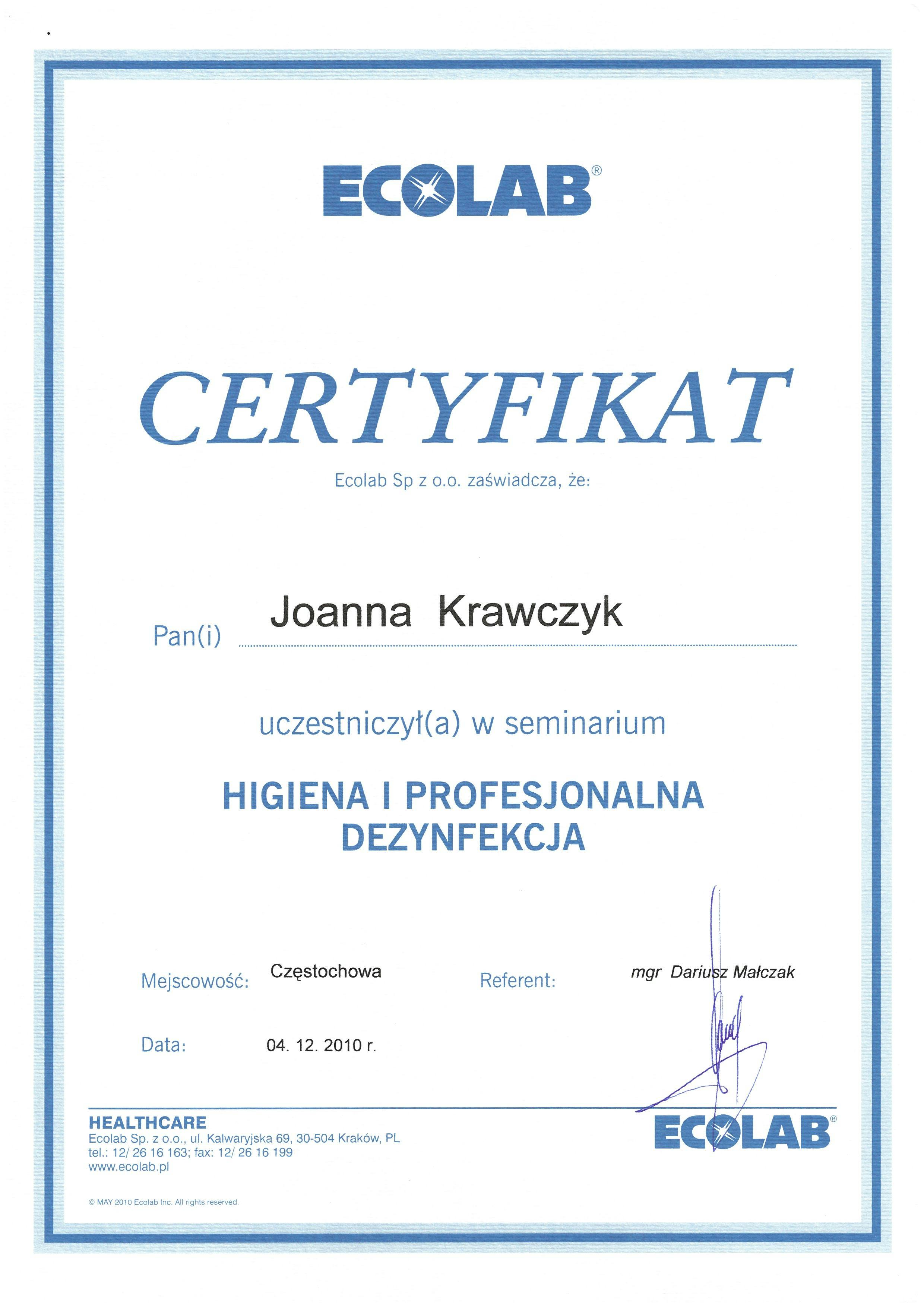 Certyfikat Joanna Krawczyk