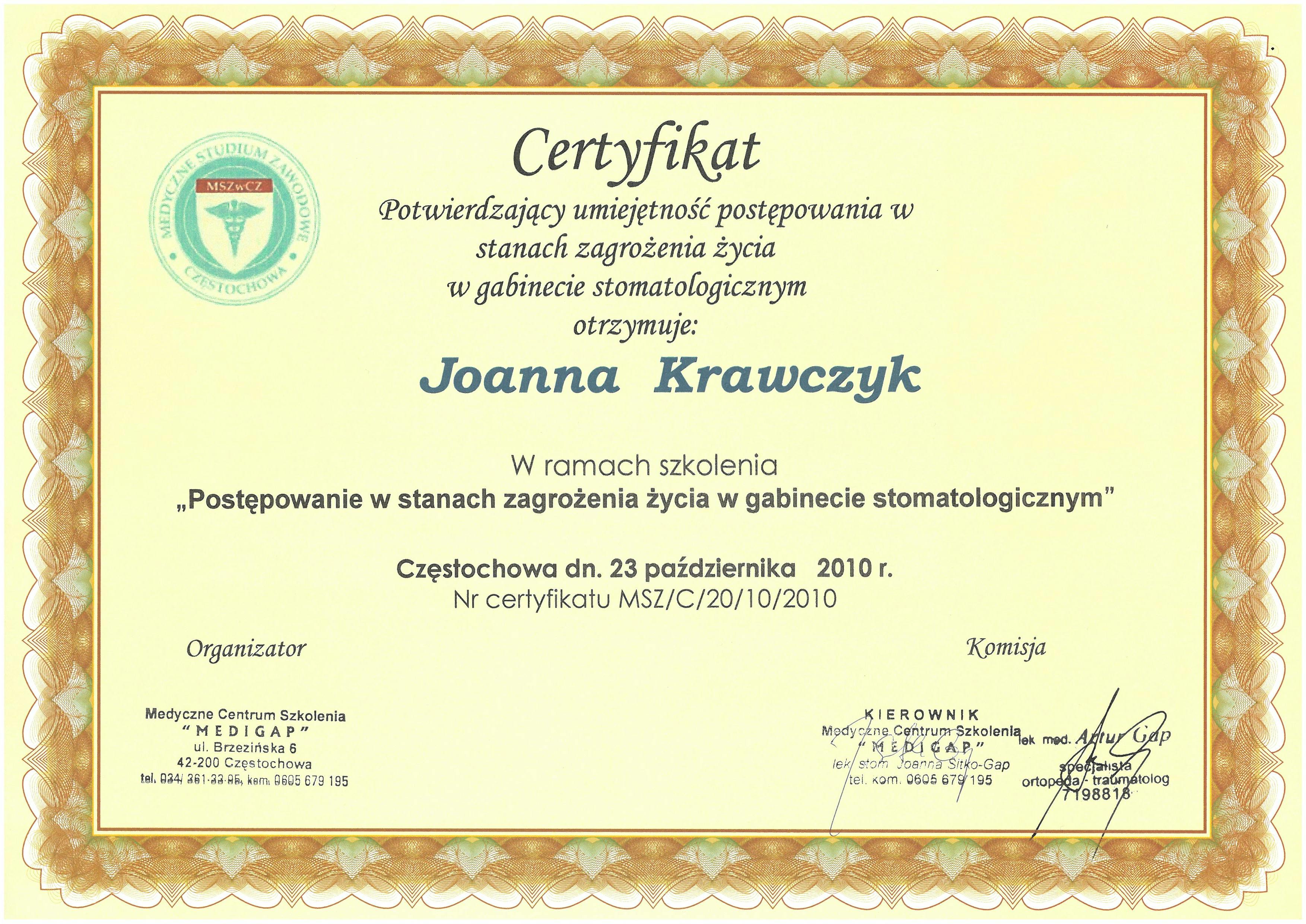 Certyfikat Joanna Krawczyk