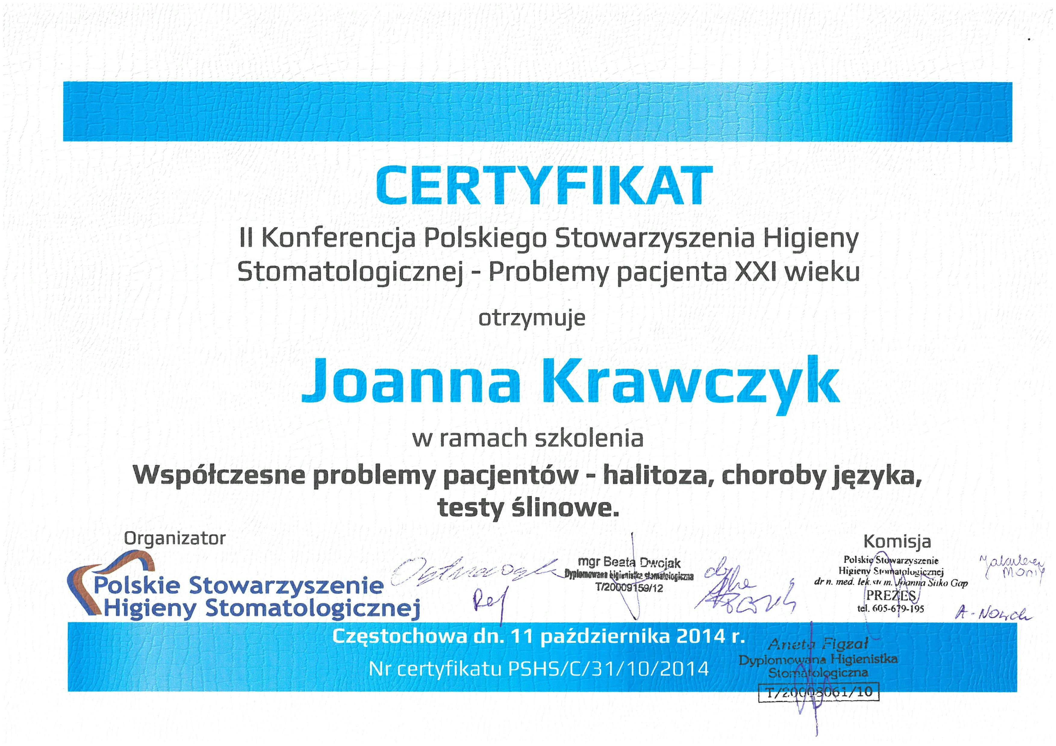 Certyfikat Joanna Krawczyk