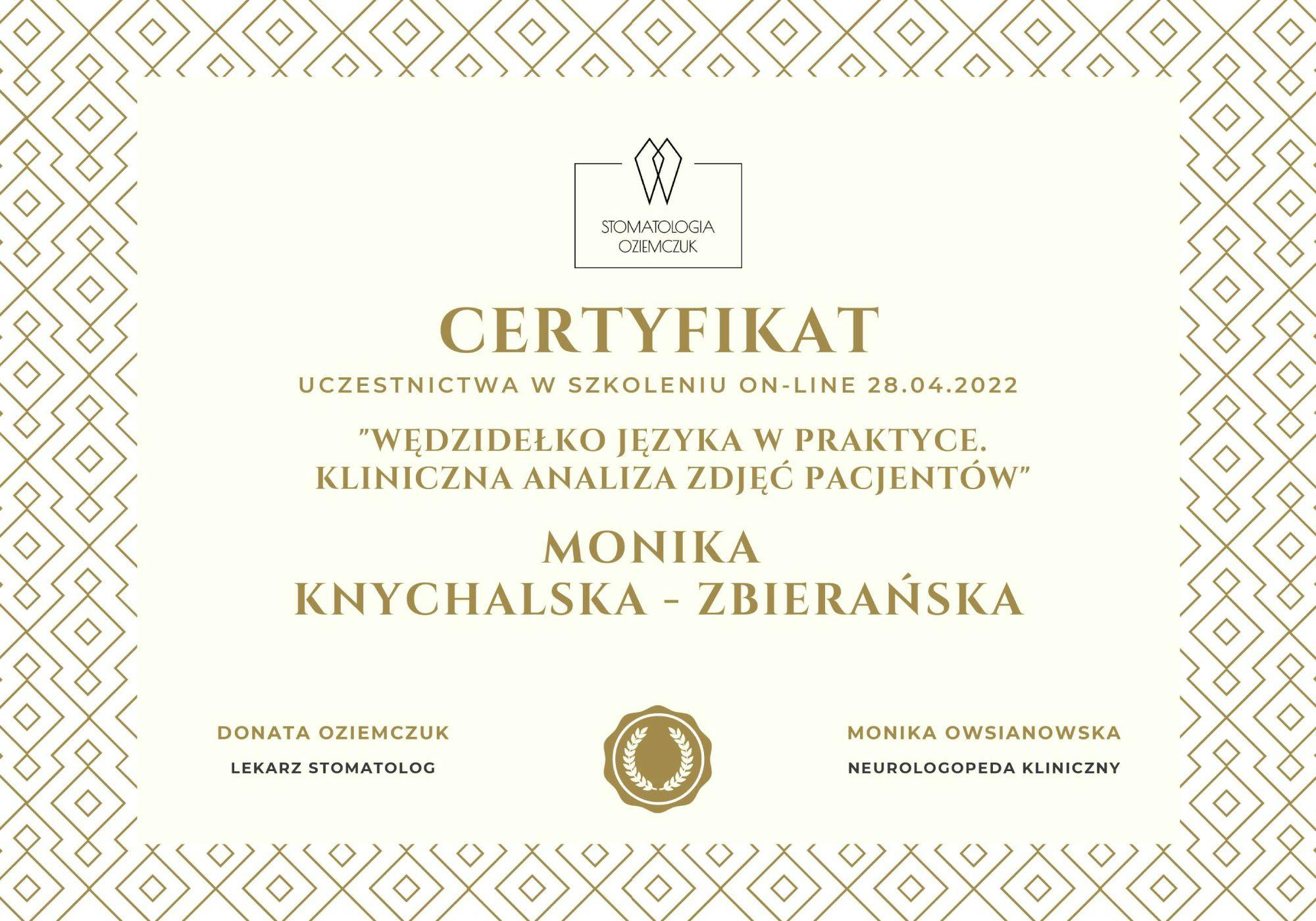 Certyfikat Knychalska-Zbierańska Monika