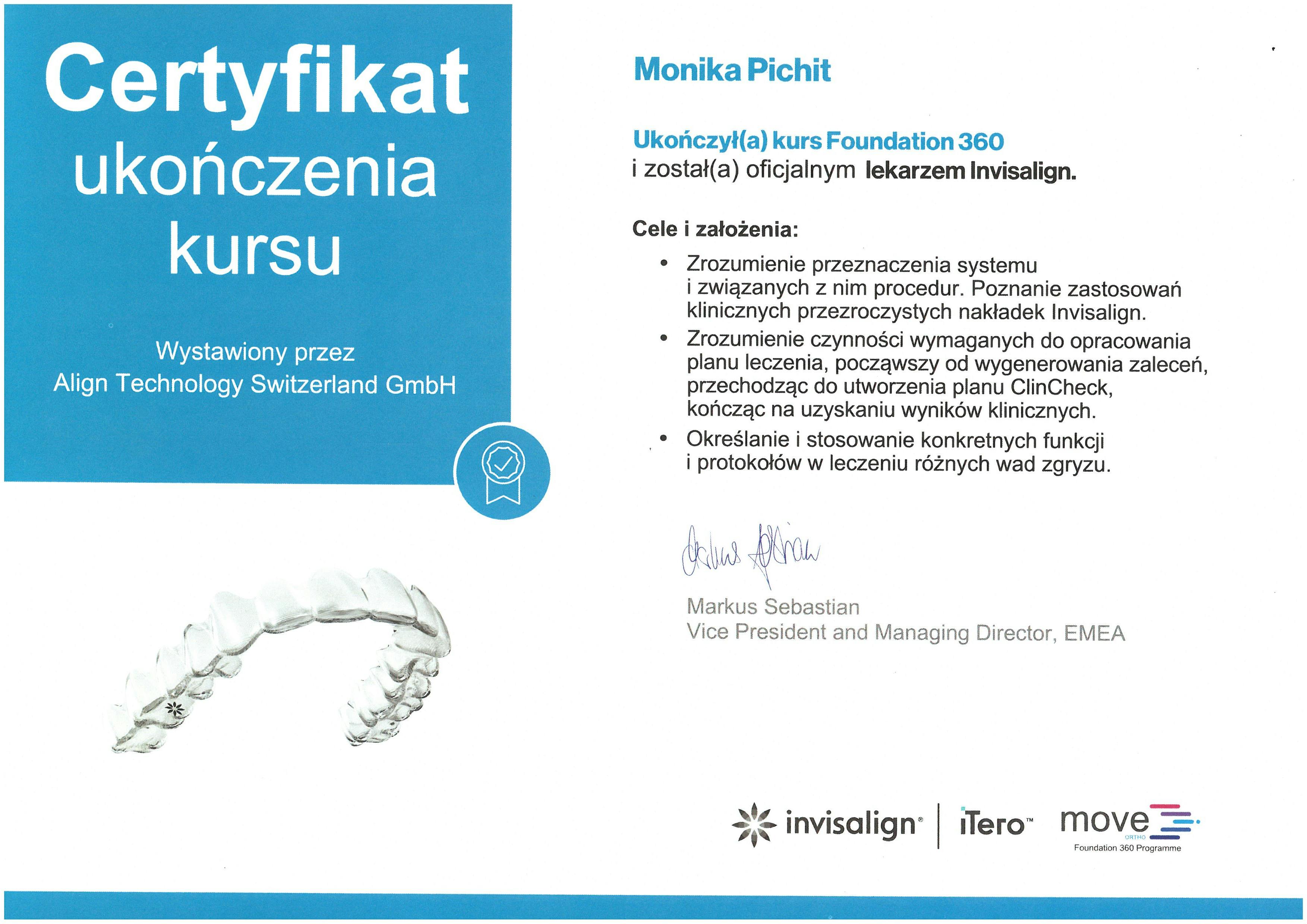 Certyfikat Pichit Monika