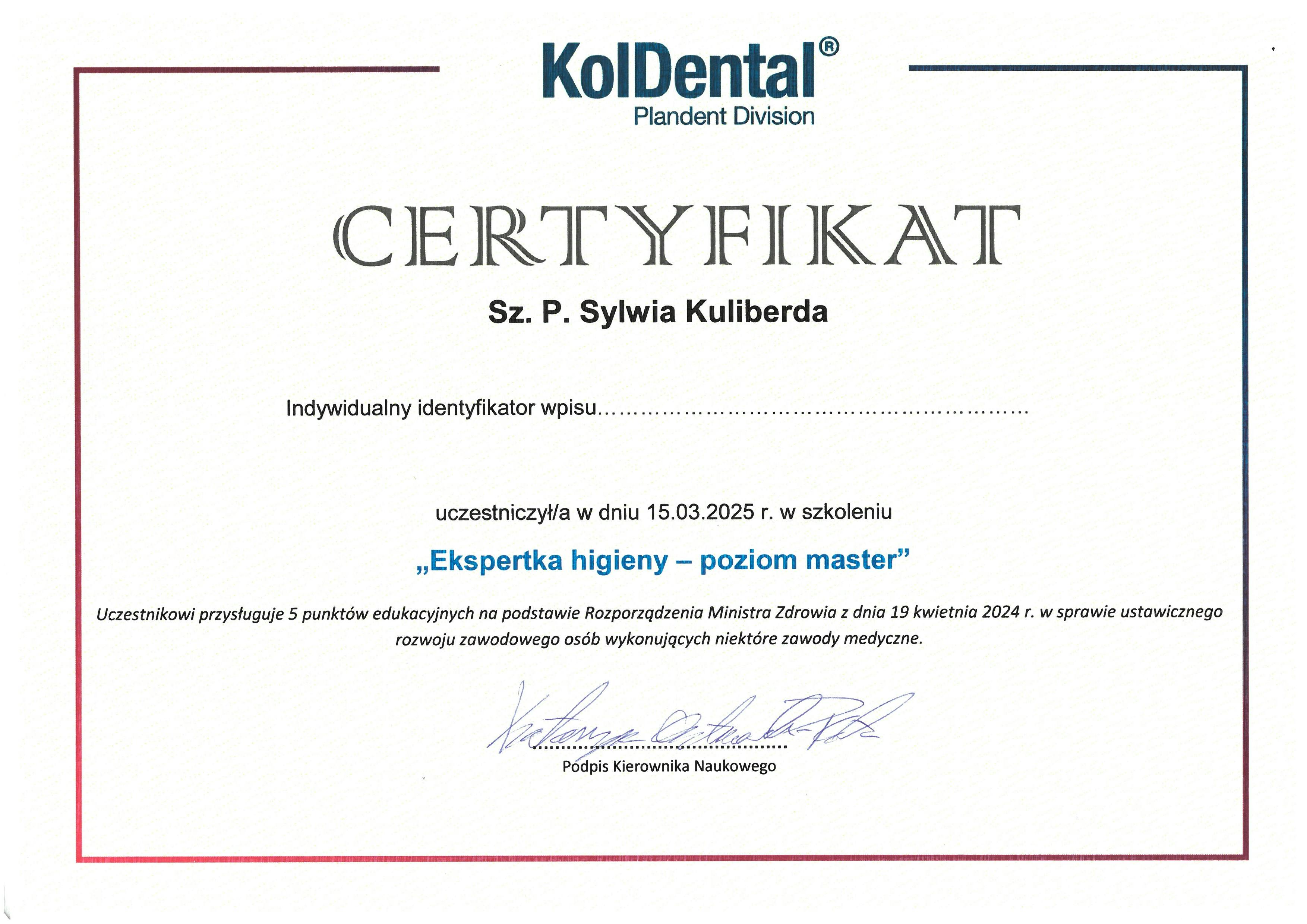 Certyfikat Sylwia Kuliberda
