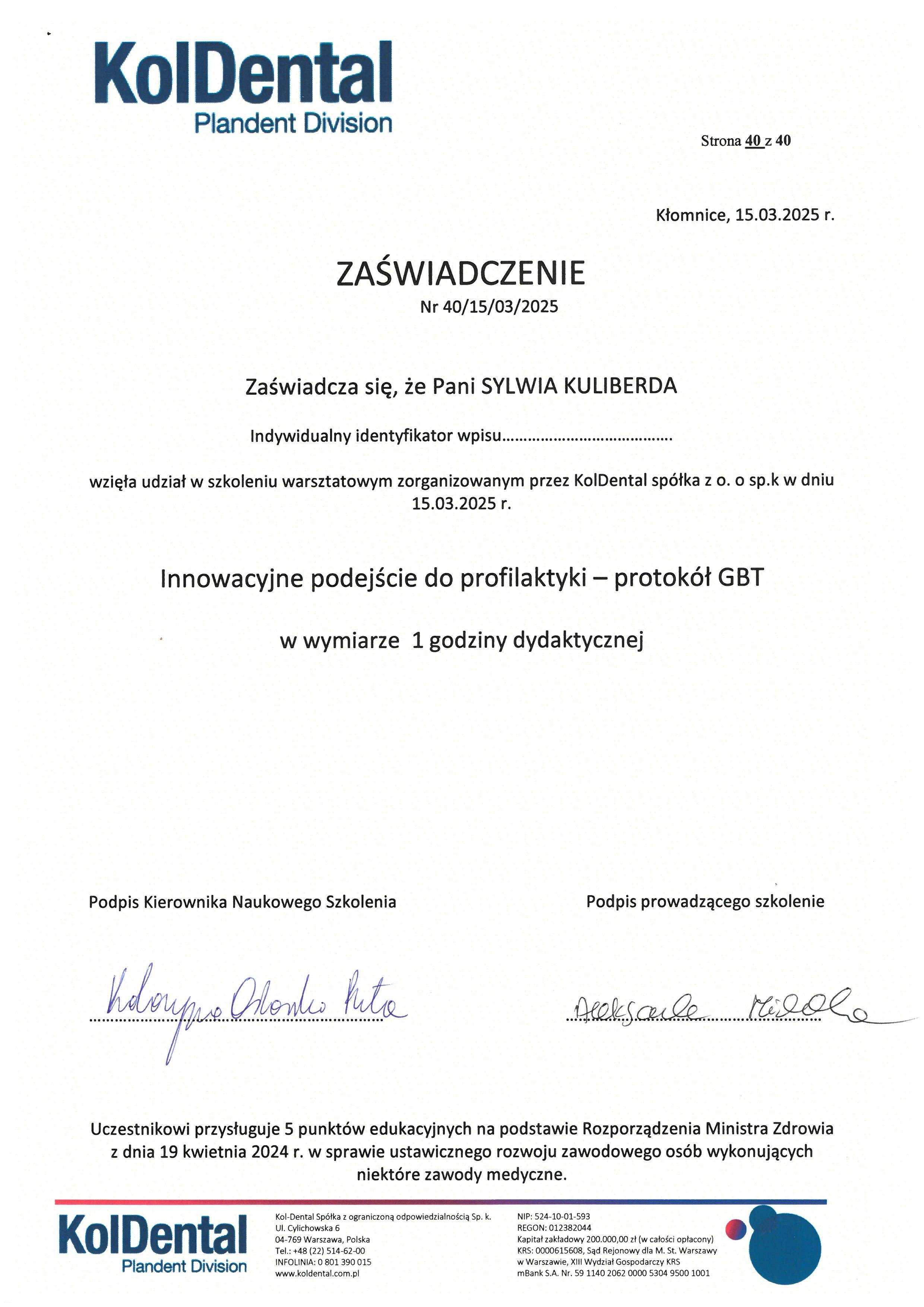 Certyfikat Sylwia Kuliberda