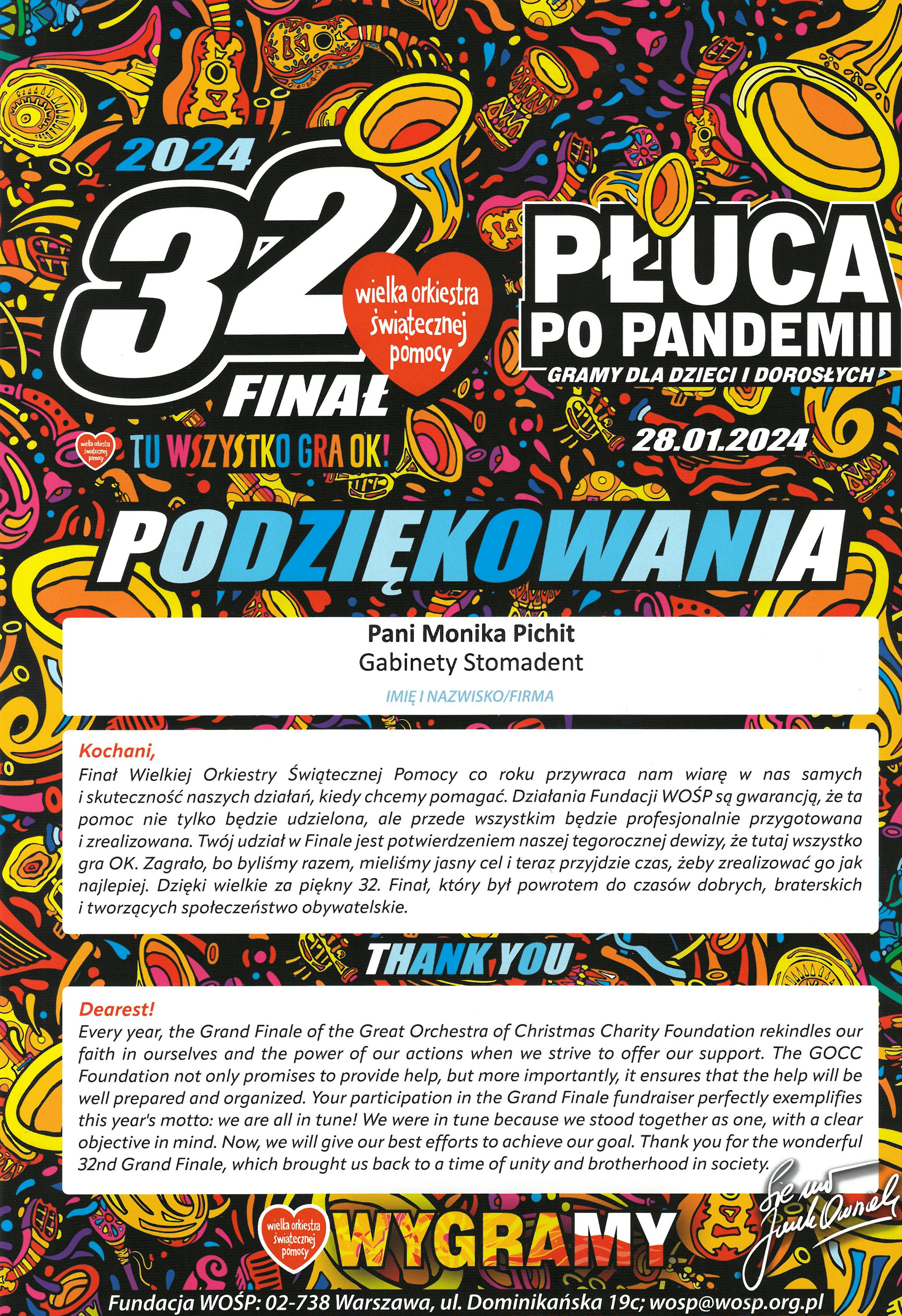 Podziękowania WOŚP 32 Finał