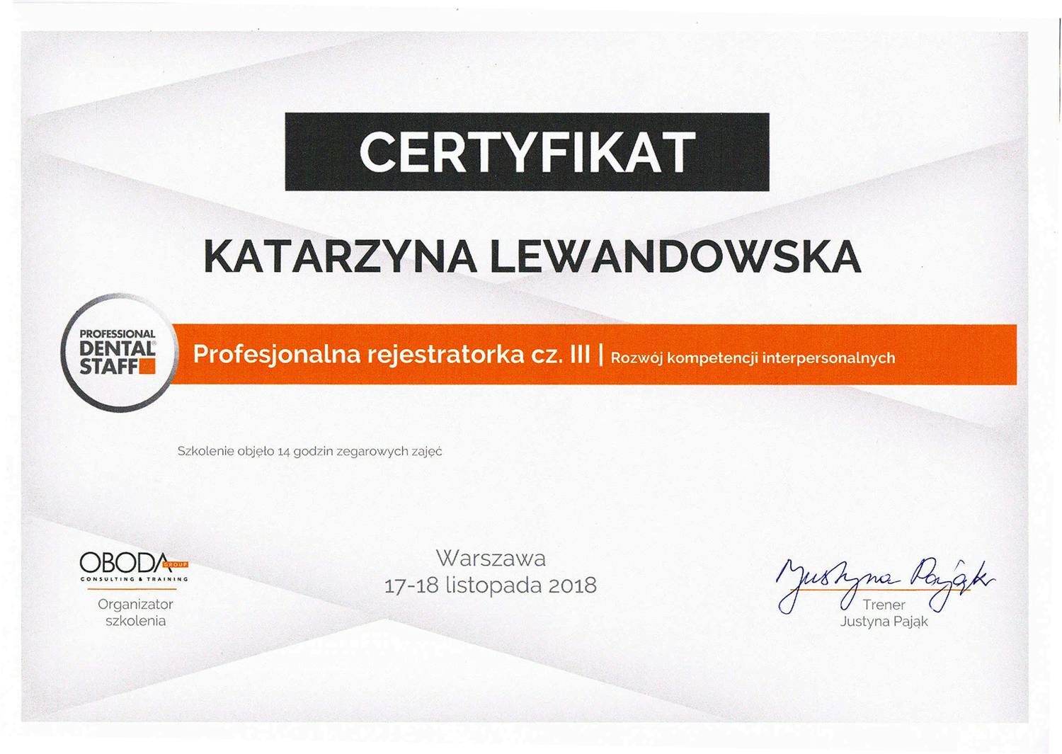 Certyfikat Katarzyna Lewandowska