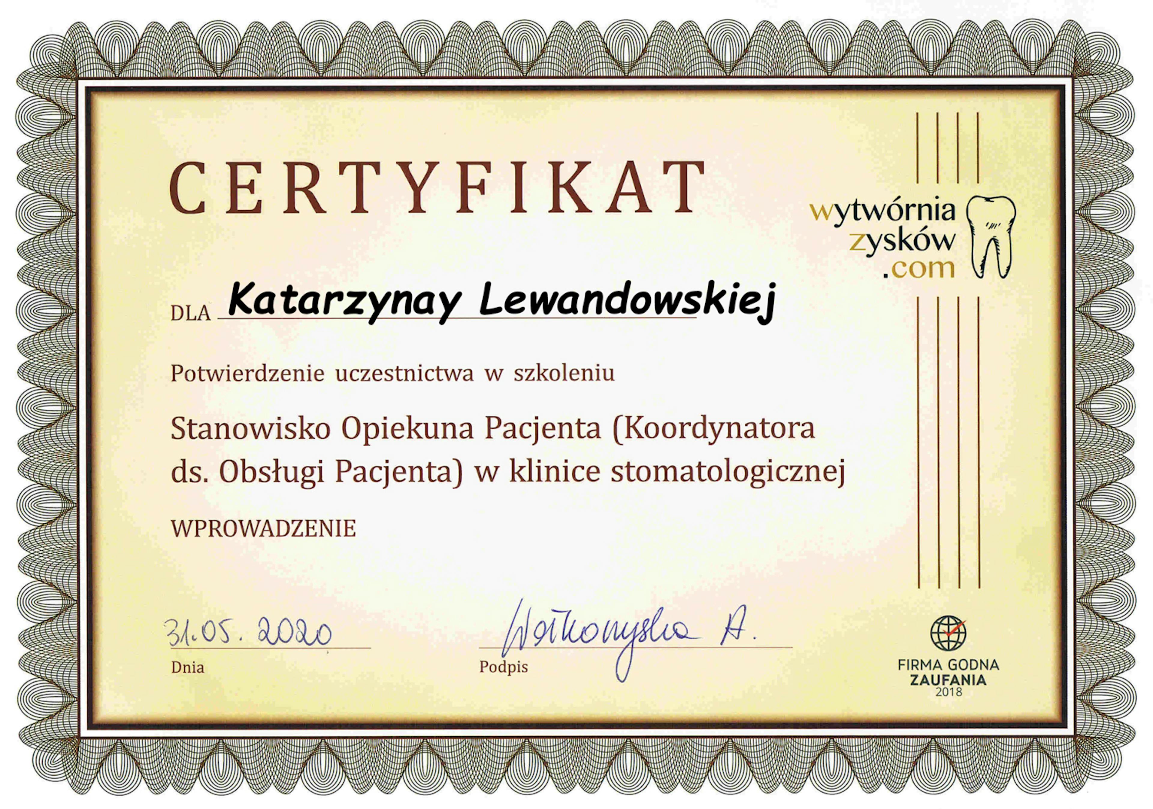 Certyfikat Katarzyna Lewandowska