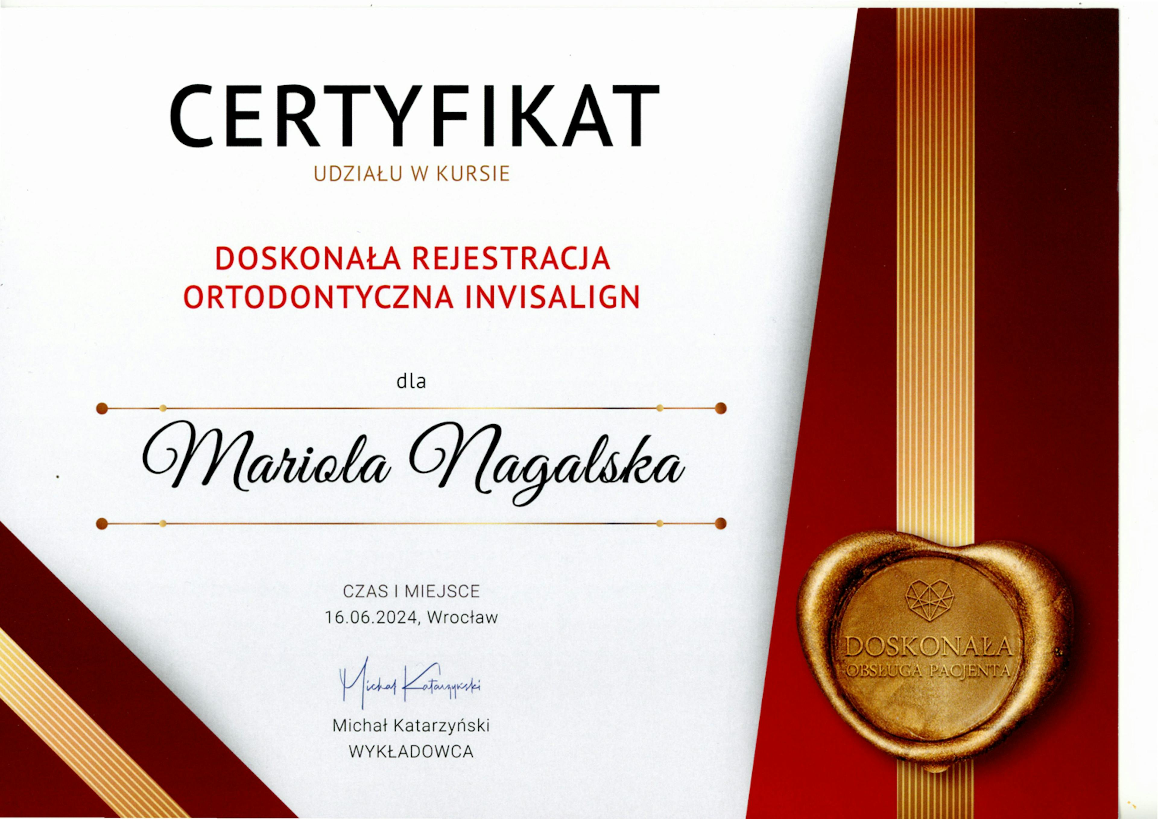 Certyfikat Mariola Nagalska