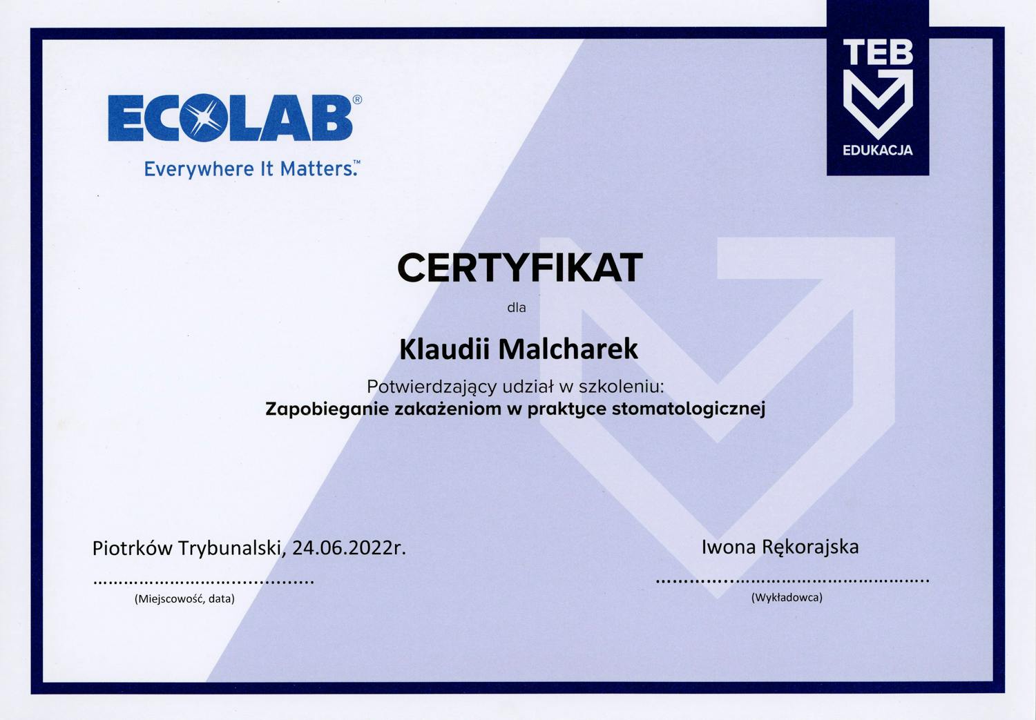 Certyfikat Klaudia Malcharek