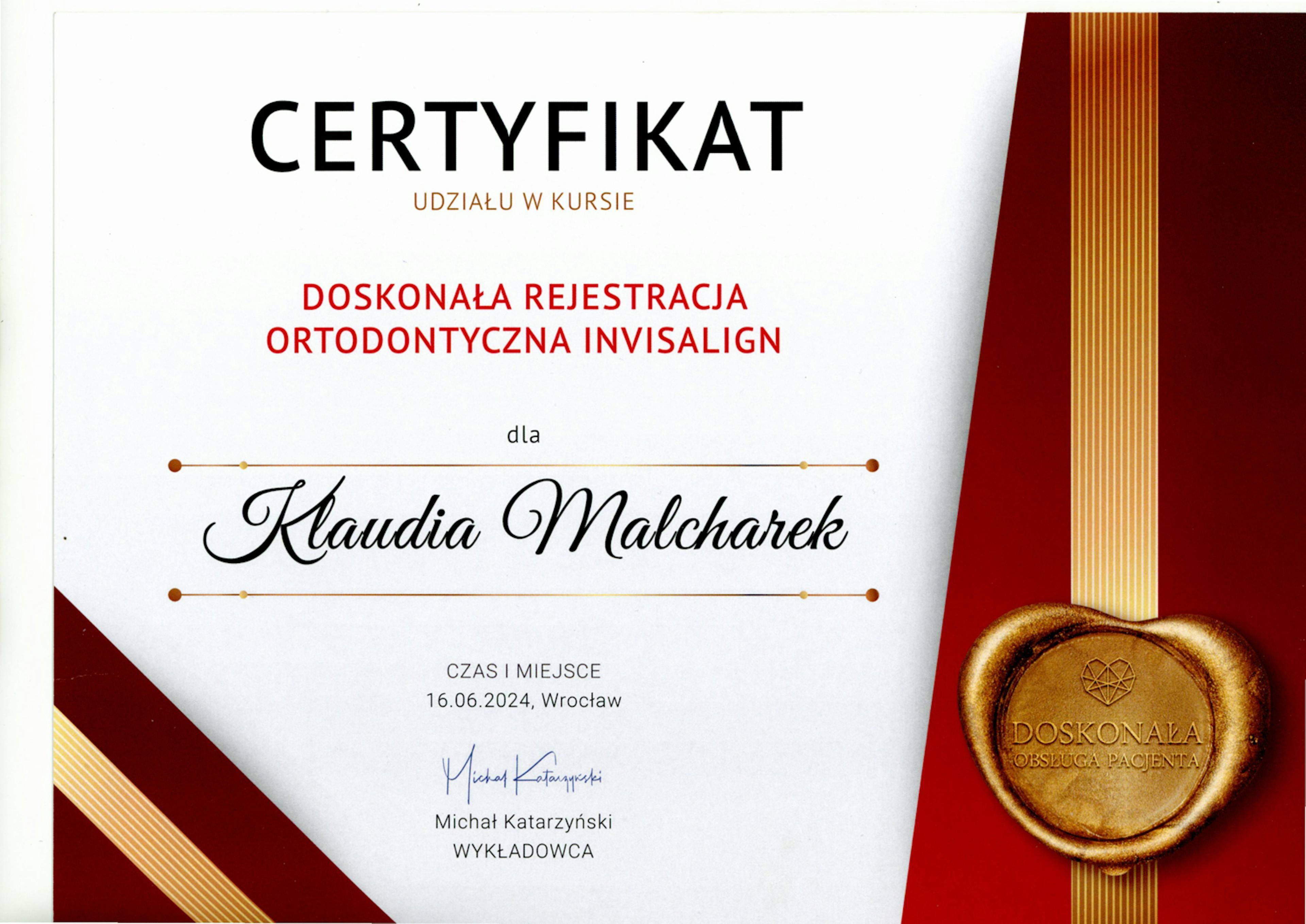 Certyfikat Klaudia Malcharek