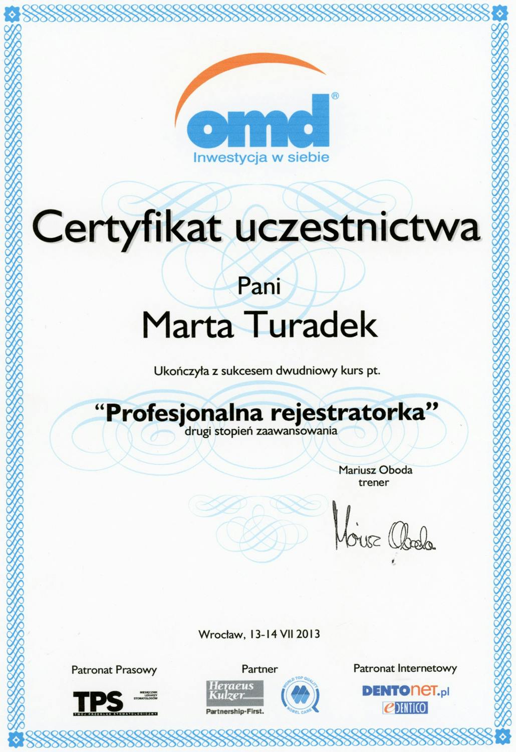 Certyfikat Marta Borowik