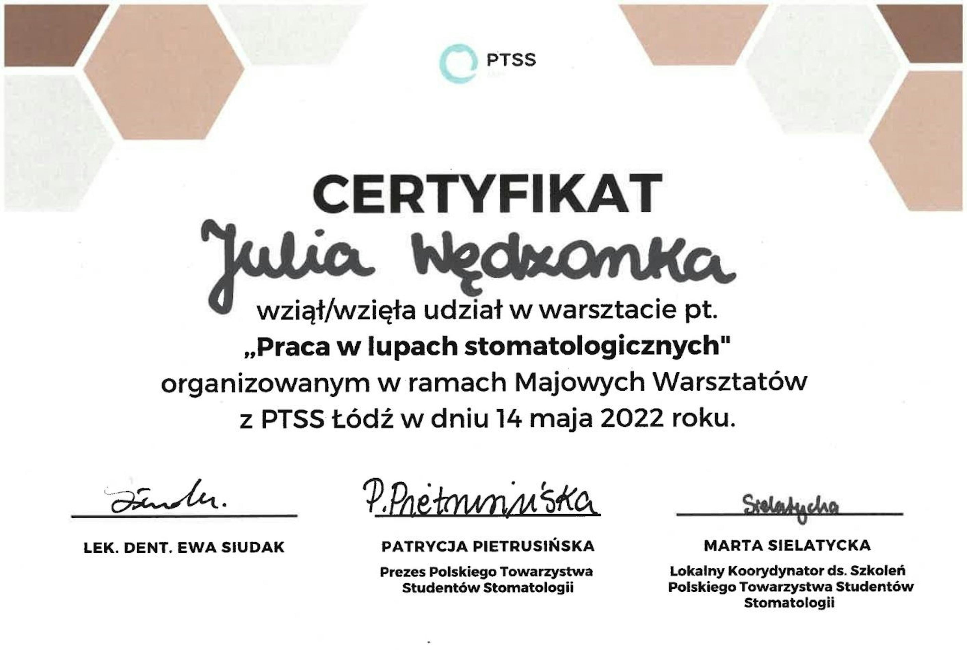 Certyfikat Julia Wędzonka