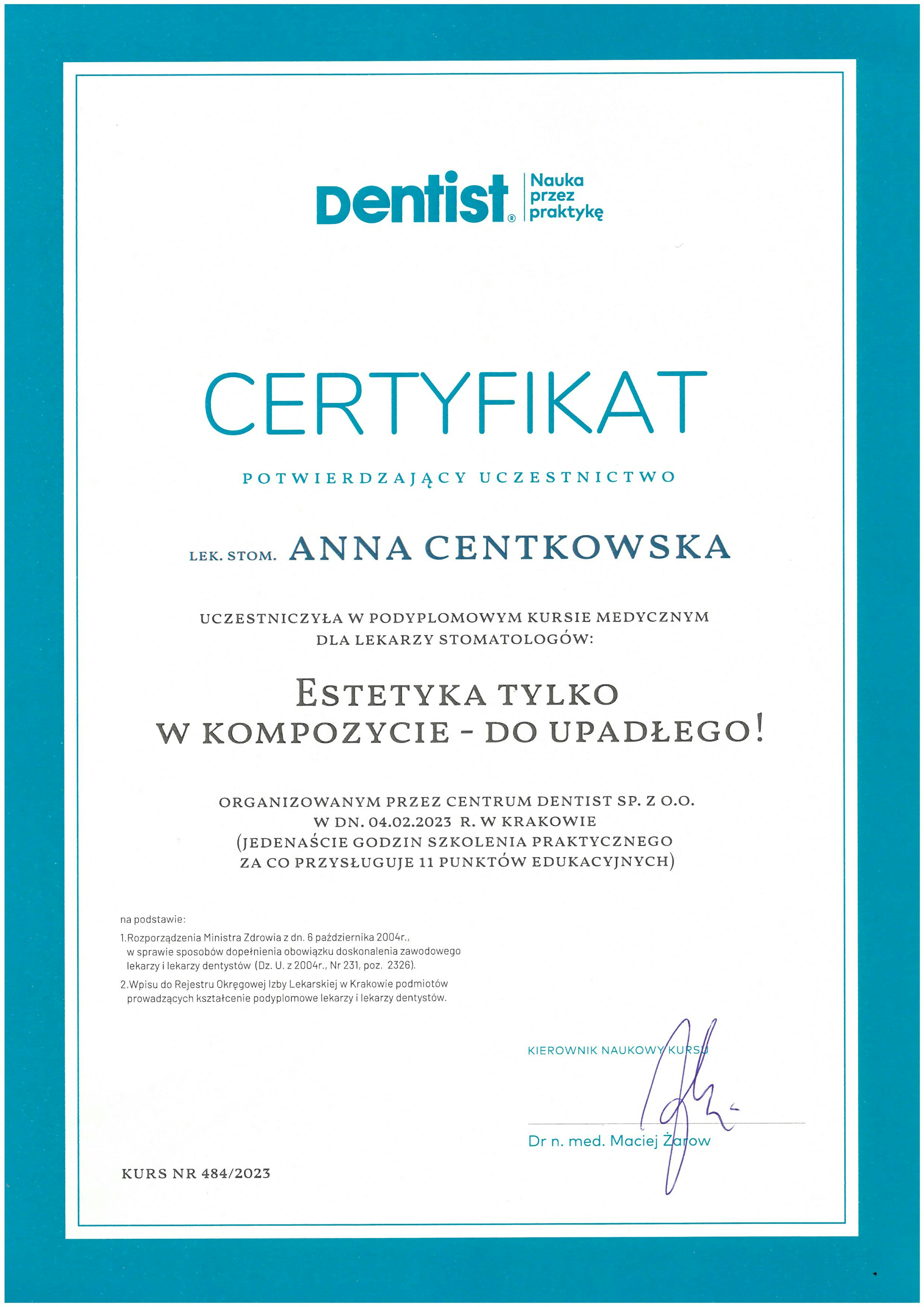 Certyfikat Centkowska Anna