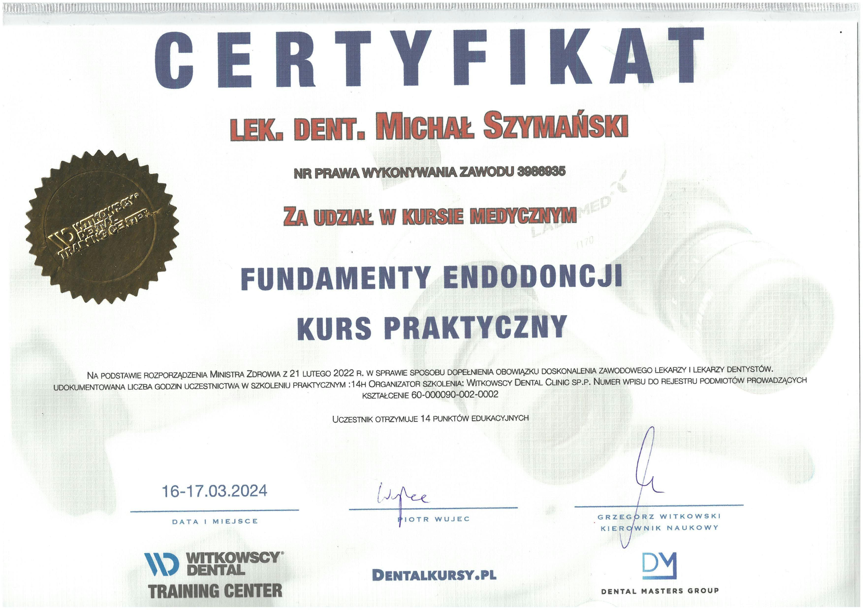 Certyfikat Michał Szymański