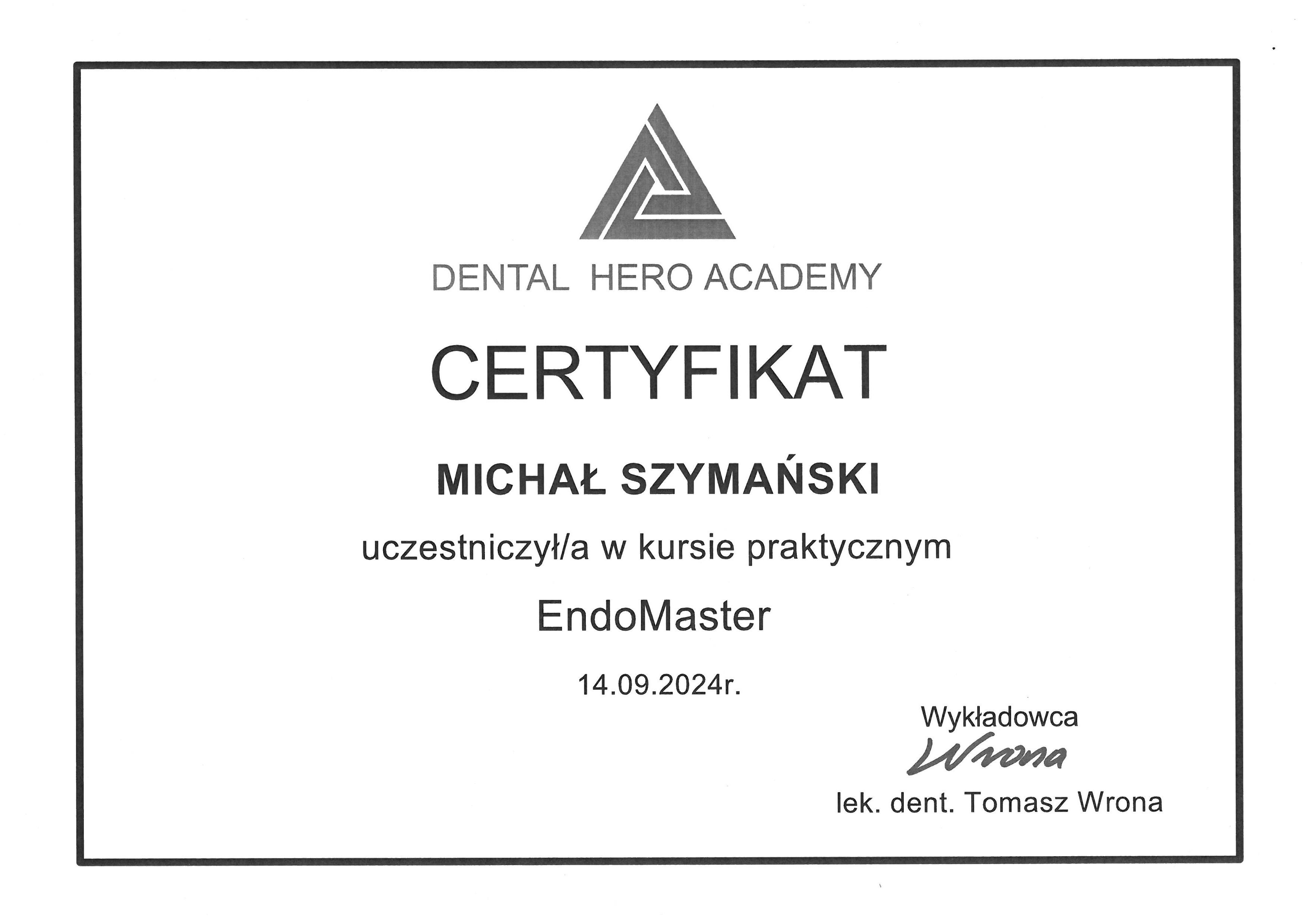 Certyfikat Michał Szymański