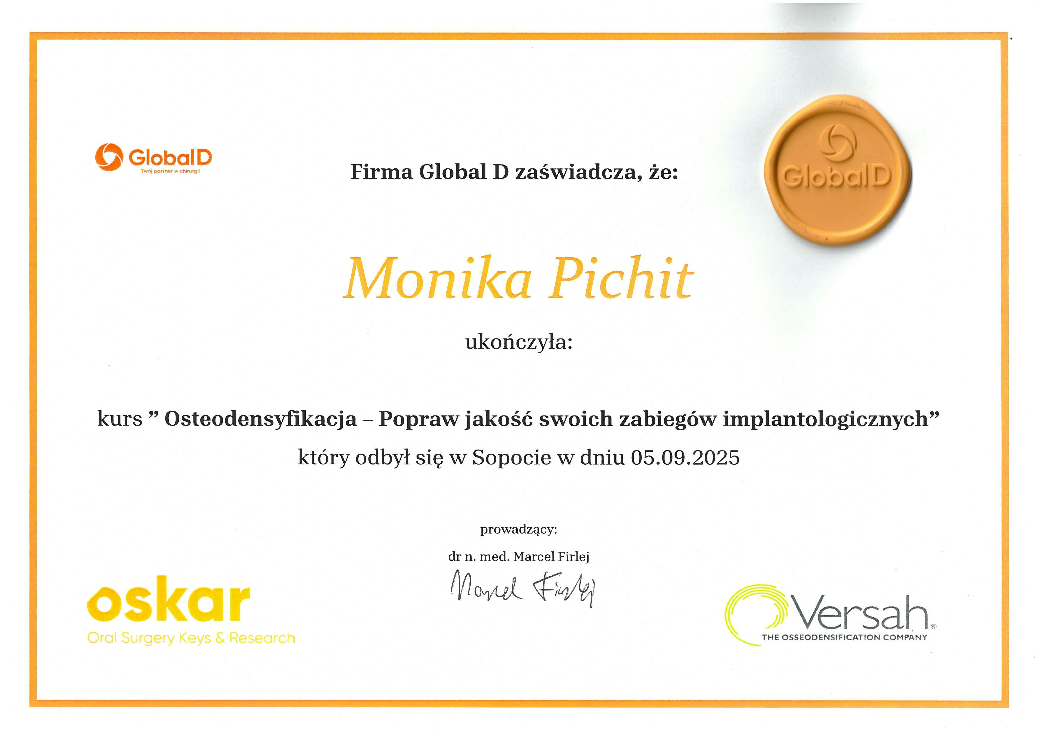 Certyfikat Monika Pichit