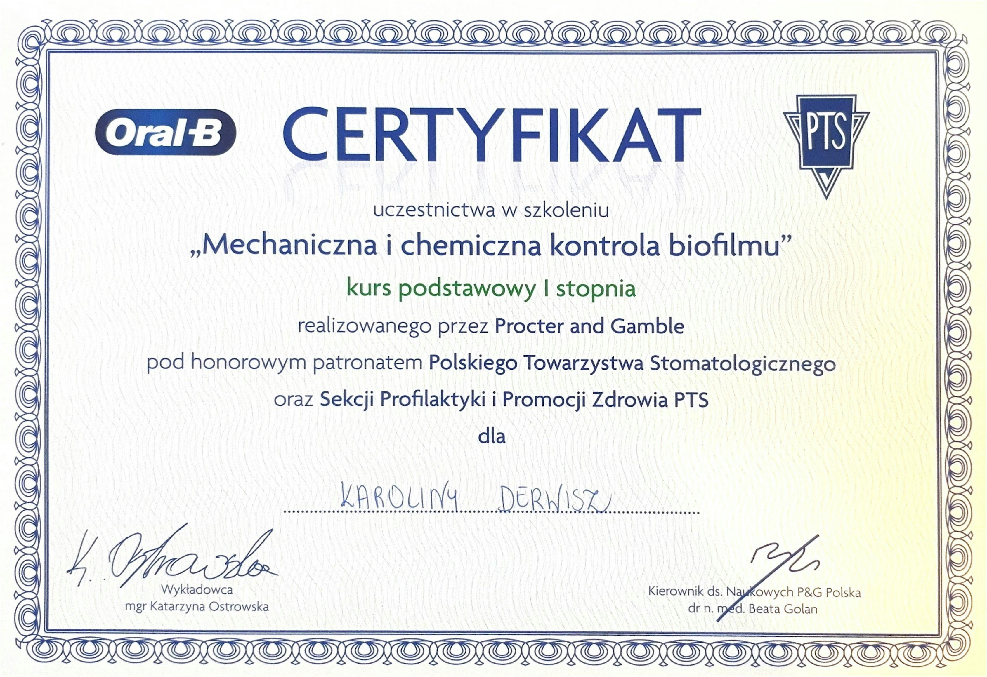Certyfikat Karolina Derwisz