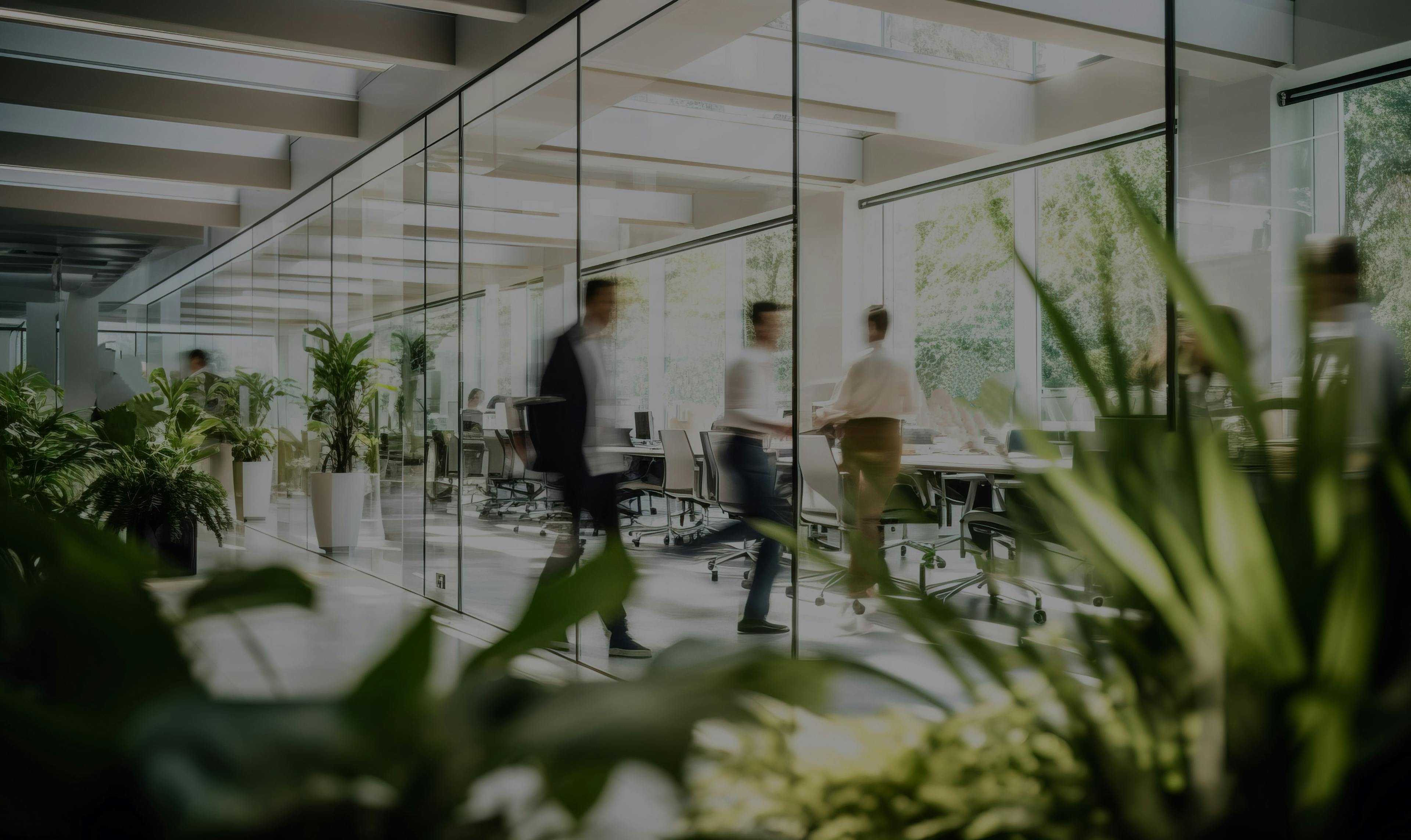 A blurred image of people walking around an office, plants in view. 