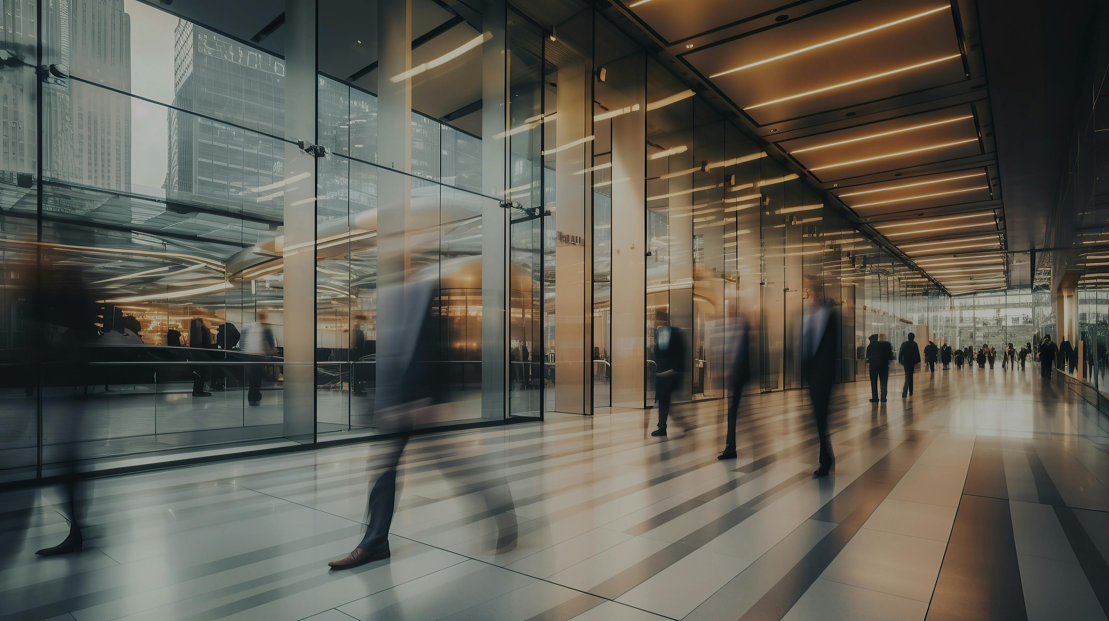 Stock image of office building and people in motion. 