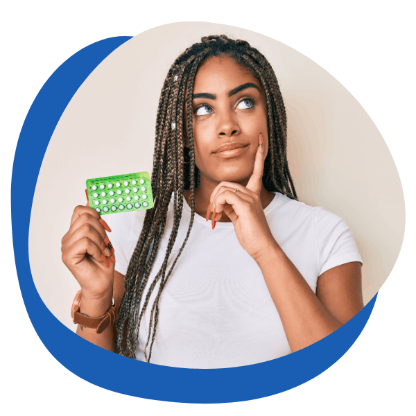 a young happy beautiful black woman holding a strip of pill - round icon for regular contraceptive pill treatment category from My Private Pharmacist Online pharmacy