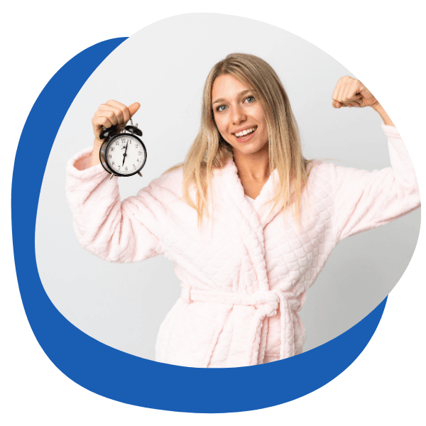 a woman dressed in a pink rope posing with a big smile and holding a clock - round icon for morning after contraceptive treatment category from My Private Pharmacist Online pharmacy