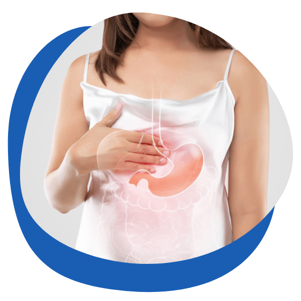 woman wearing white dress pressing on her stomach with a diagram showing her upset stomach - round icon for indigestion and acid reflux treatment category from My Private Pharmacist Online pharmacy