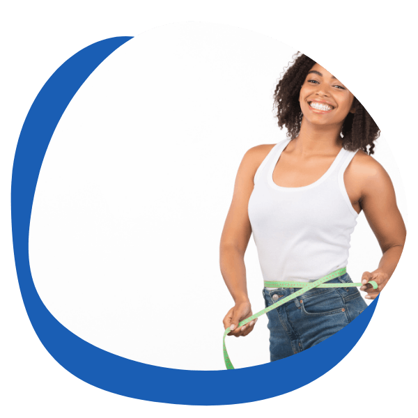 beautiful fit smiley young black woman holding a tape measure around waist - round icon for women's Weight loss treatment category from My Private Pharmacist Online pharmacy