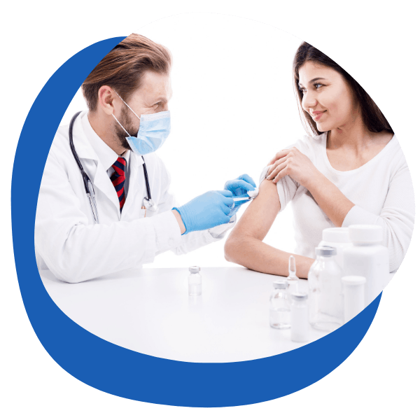 a male doctor wearing lab coat and covid mask injecting a happy lady patient with vaccine - round icon for vaccination service category from My Private Pharmacist Online pharmacy