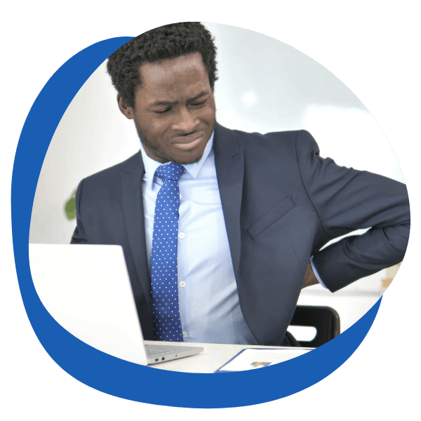 young black man in suits sitting at the office desk holding his back due to pain - round icon for pain relief category from My Private Pharmacist Online pharmacy