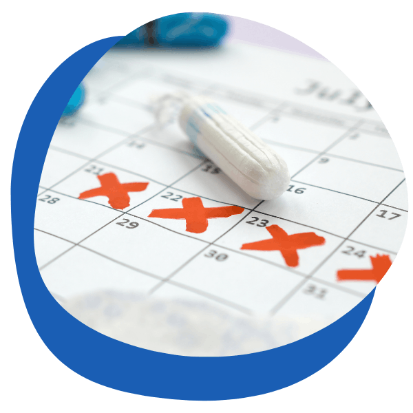 a dry tampon against a calendar with some days crossed off in red cross - round icon for period delay treatment category from My Private Pharmacist Online pharmacy