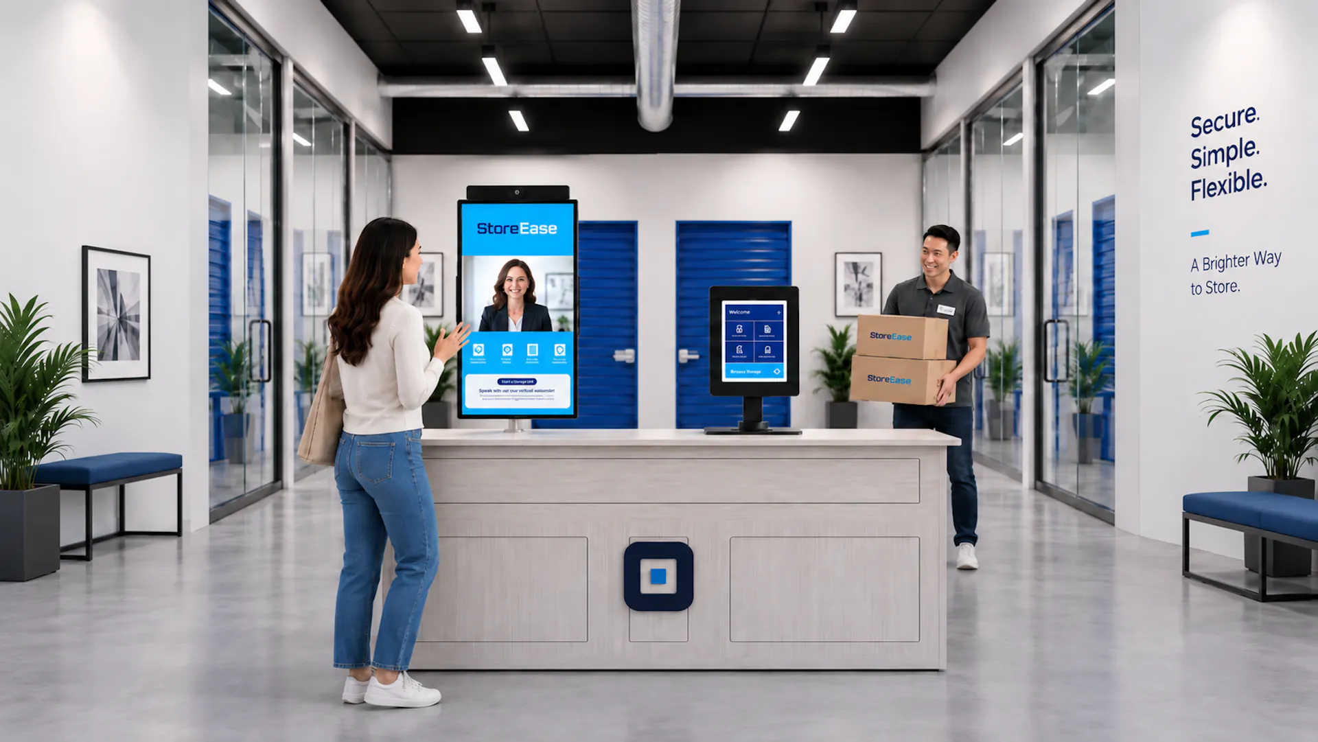 A customer using a self-service kiosk in a StoreEase facility hallway while a team member carries a box past the units