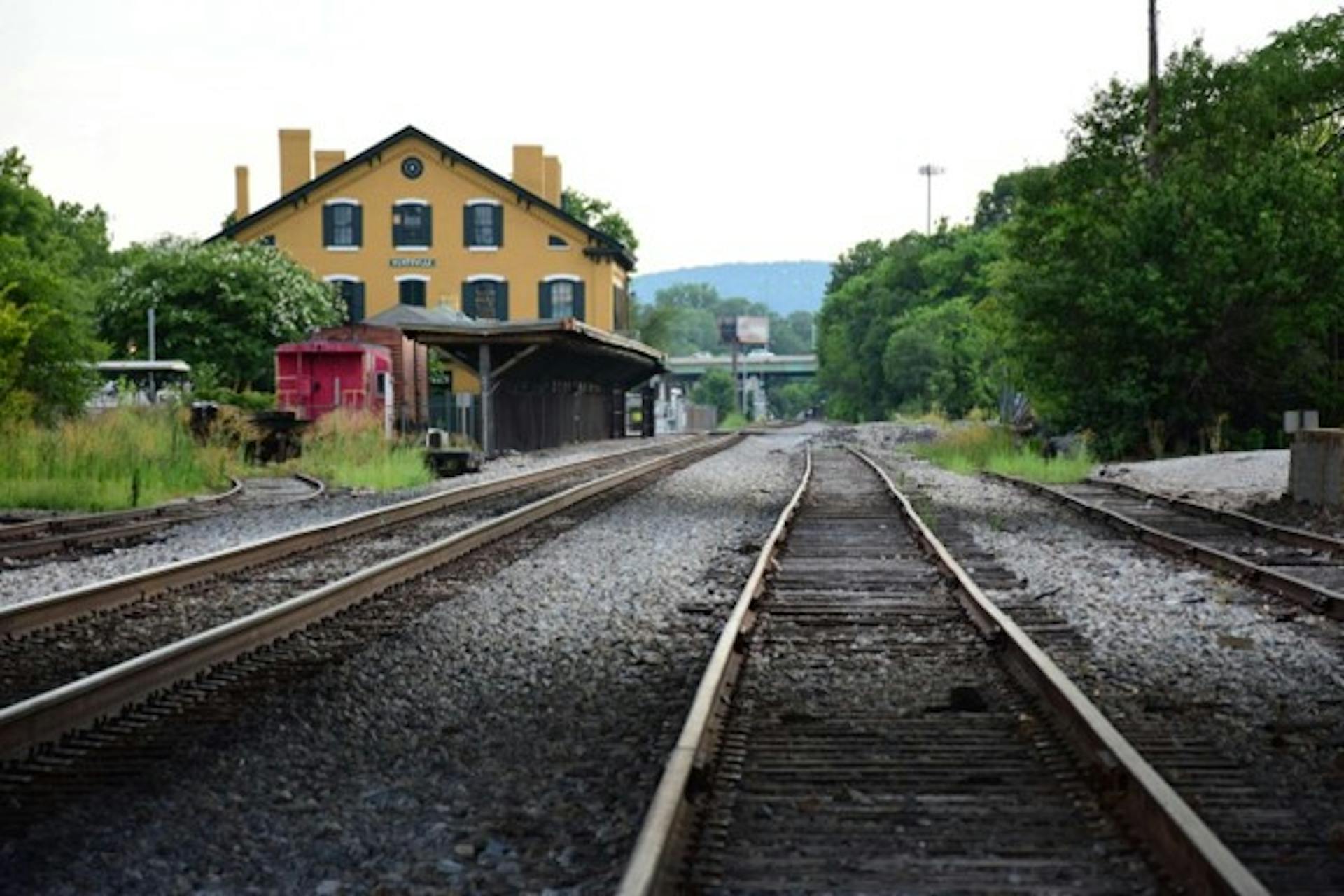 A view down the railroad tracks at and old train depot in Huntsville, AL