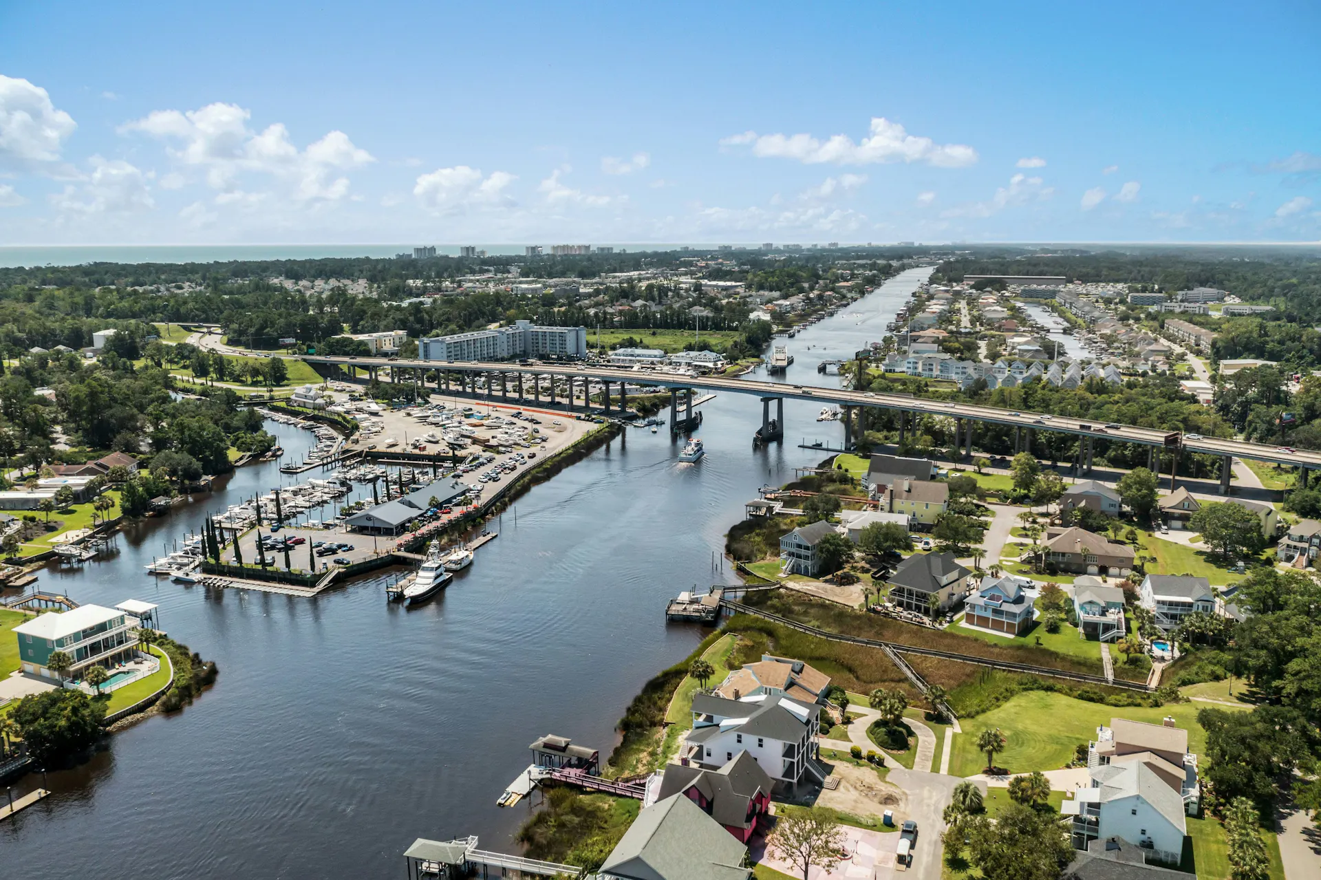 An aerial view of Little River, South Carolina's swing bridge.