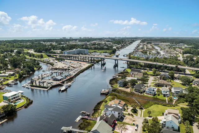 An aerial view of Little River, South Carolina's swing bridge.